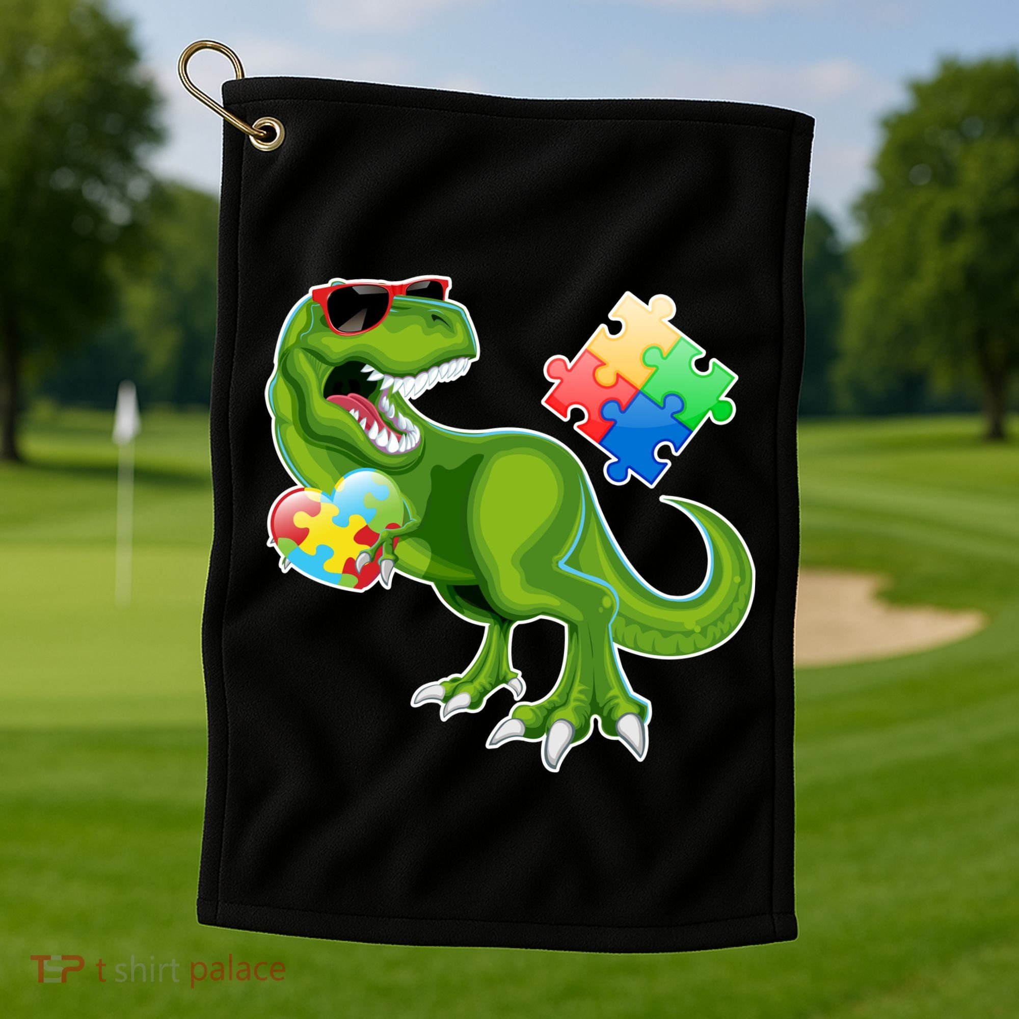 T-Rex Autism Awareness Puzzle Dinosaur  Golf Towel