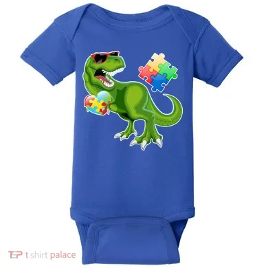 T-Rex Autism Awareness Puzzle Dinosaur  Baby Bodysuit
