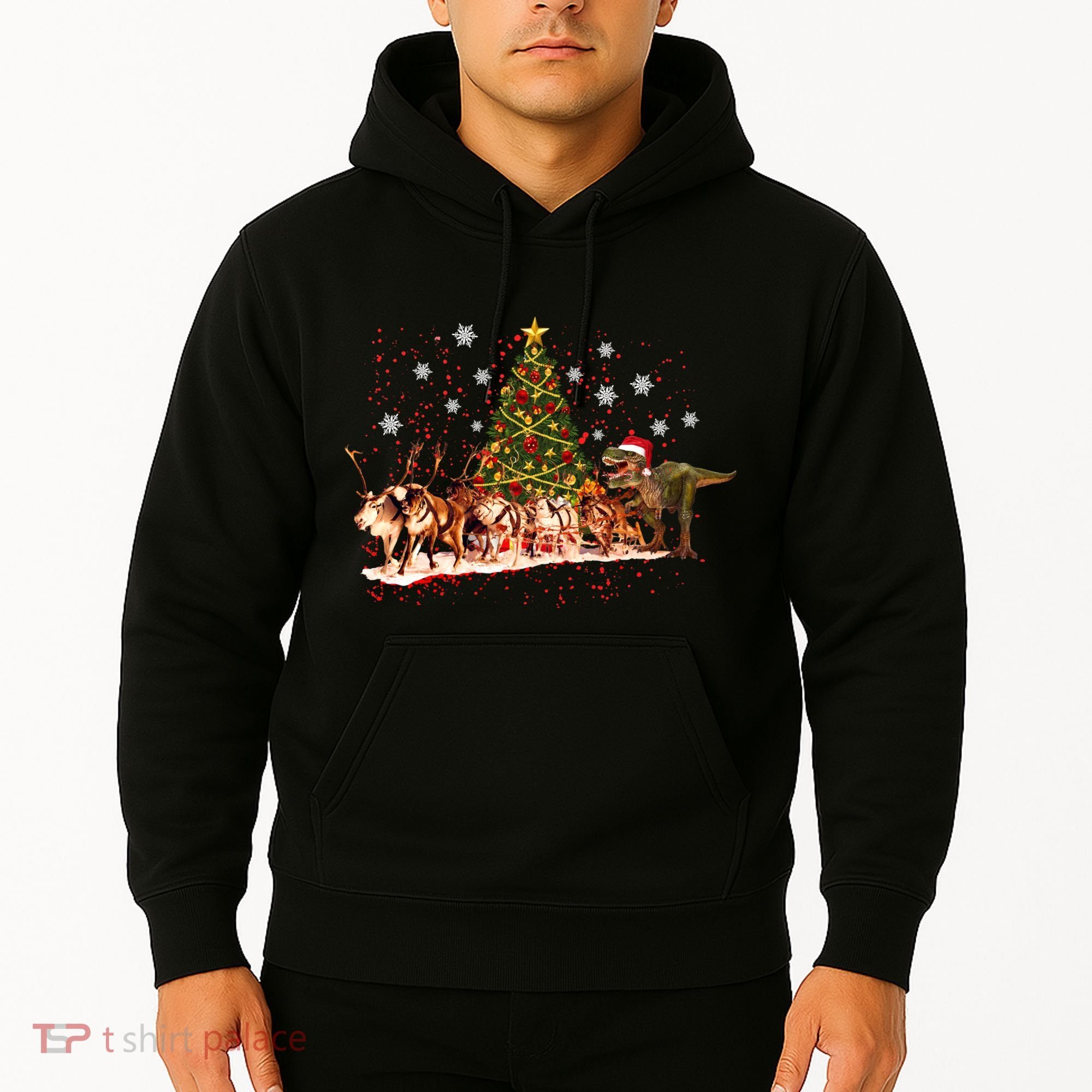 T-Rex Chasing Reindeer Funny Christmas Hoodie