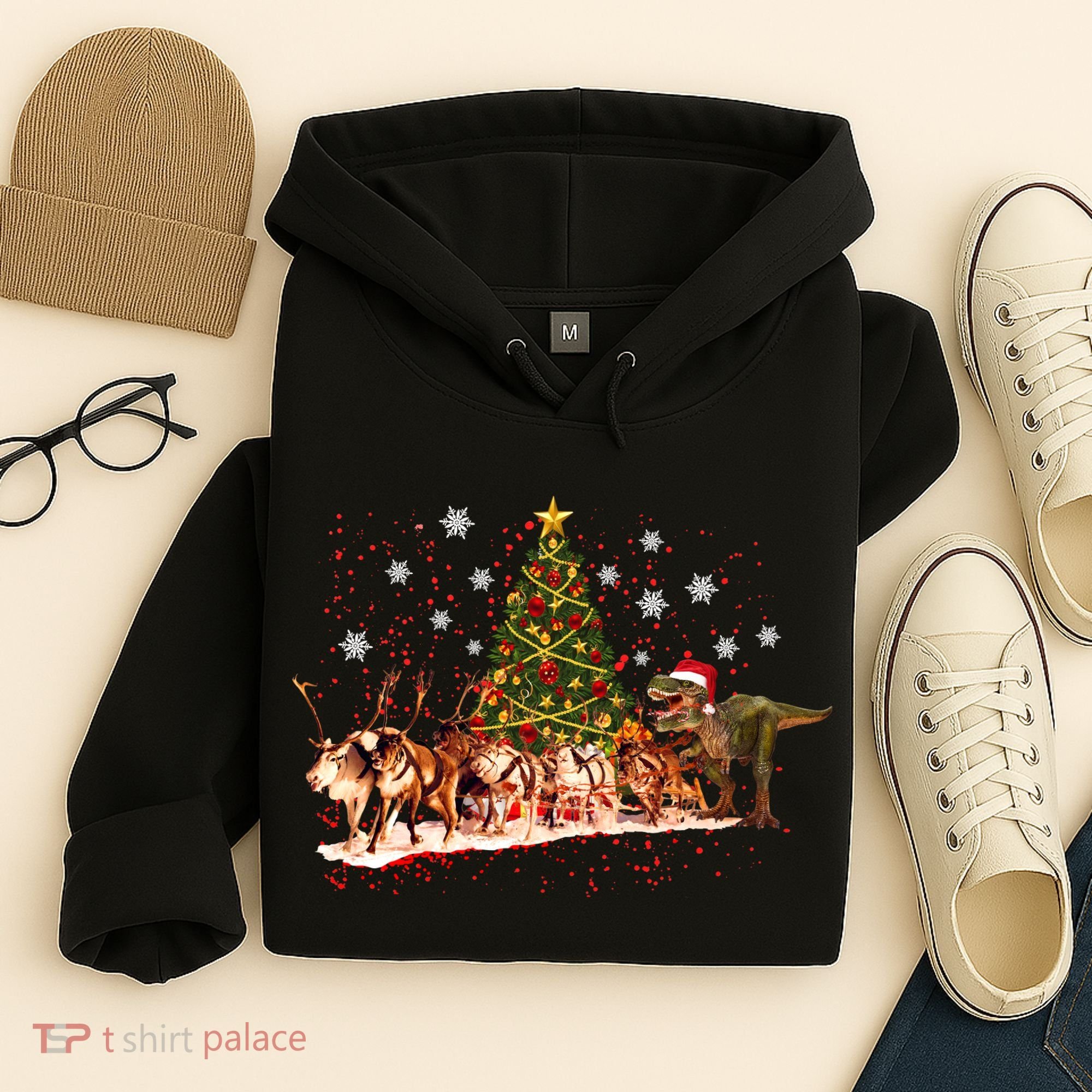 T-Rex Chasing Reindeer Funny Christmas Hoodie