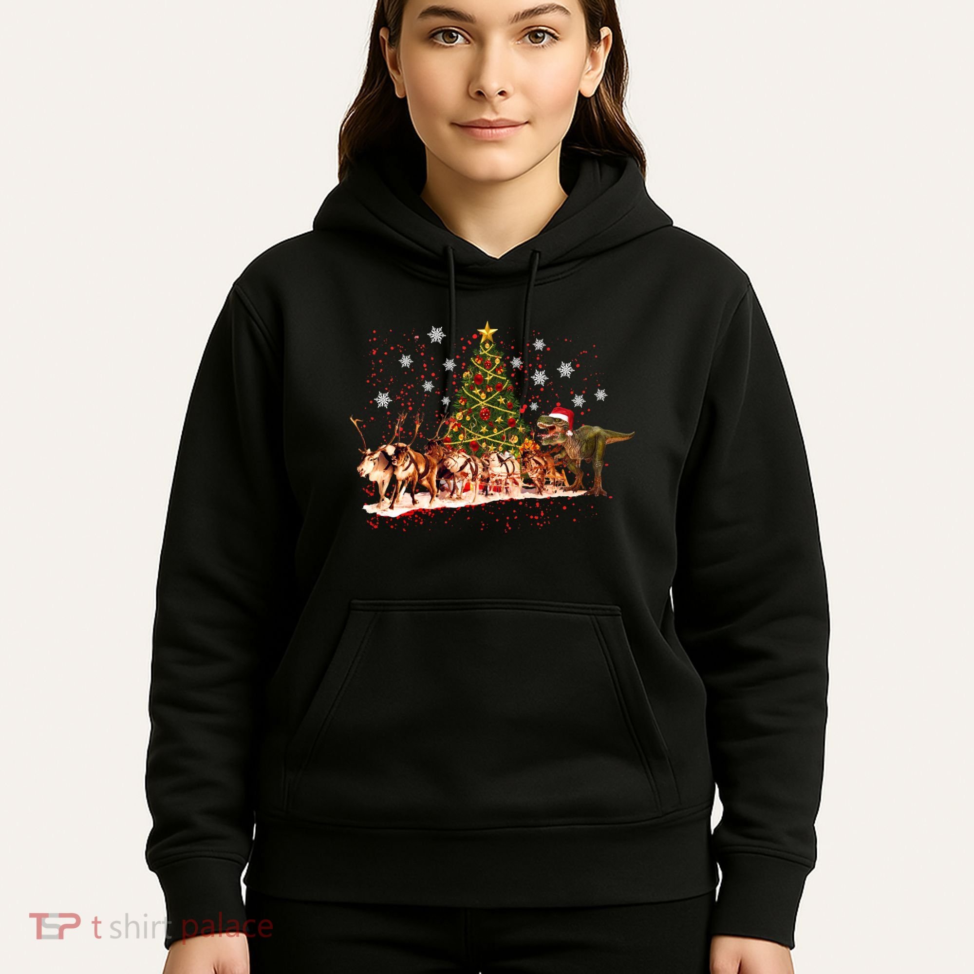 T-Rex Chasing Reindeer Funny Christmas Hoodie
