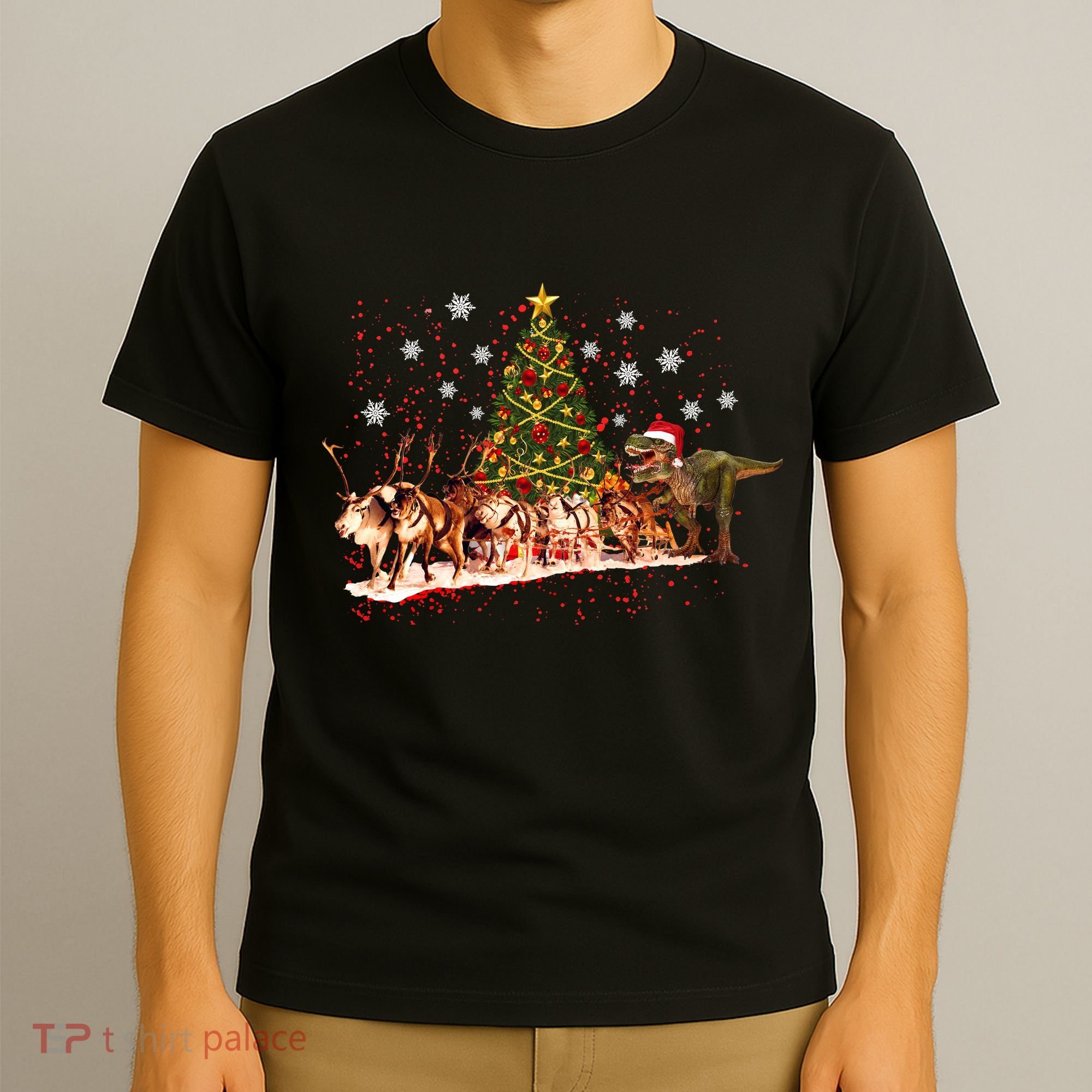 T-Rex Chasing Reindeer Funny Christmas T-Shirt
