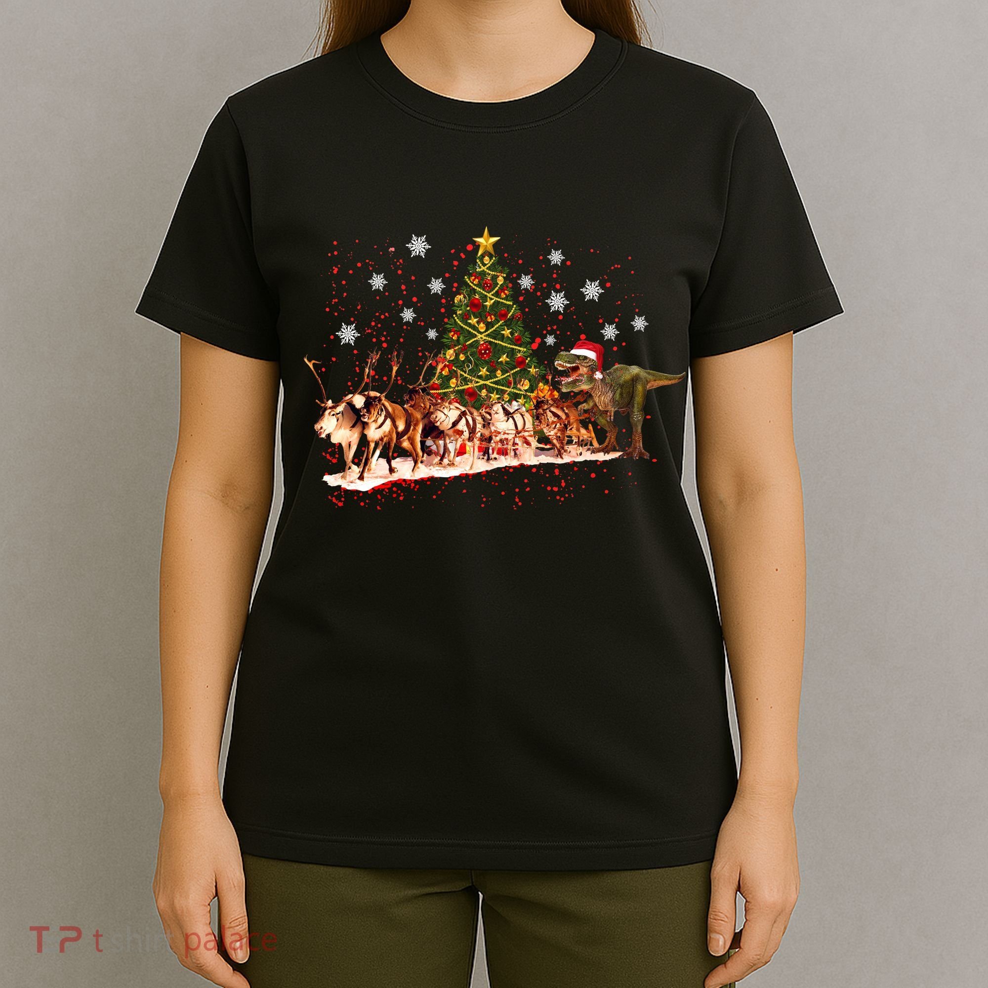 T-Rex Chasing Reindeer Funny Christmas T-Shirt