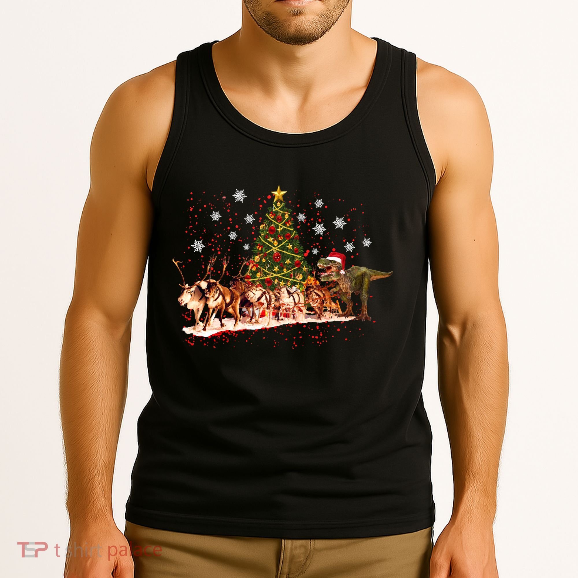 T-Rex Chasing Reindeer Funny Christmas Tank Top