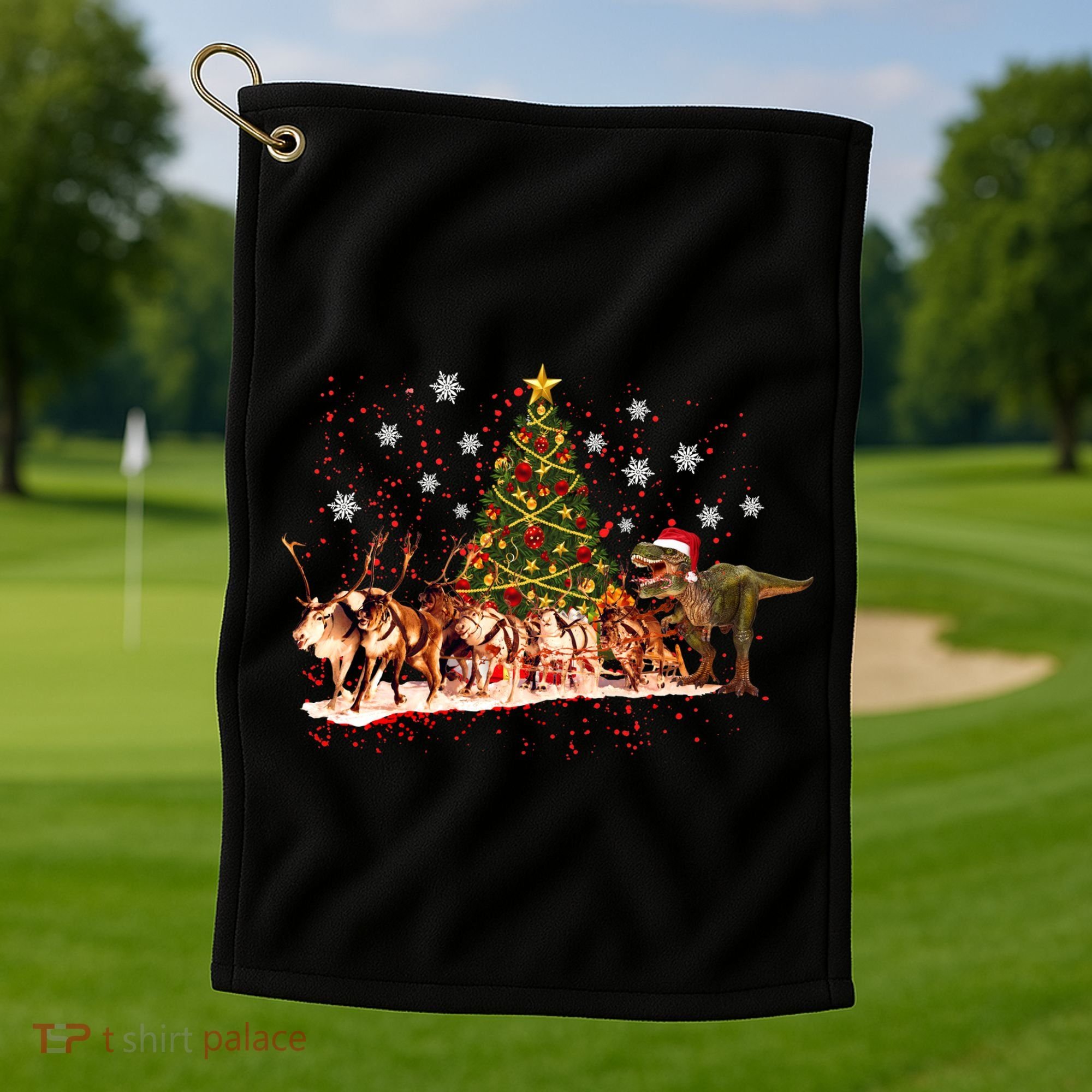 T-Rex Chasing Reindeer Funny Christmas Golf Towel