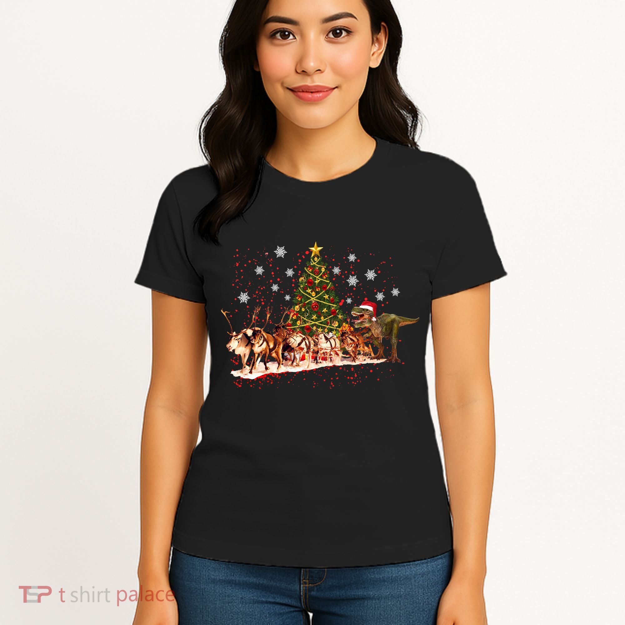 T-Rex Chasing Reindeer Funny Christmas Women's T-Shirt