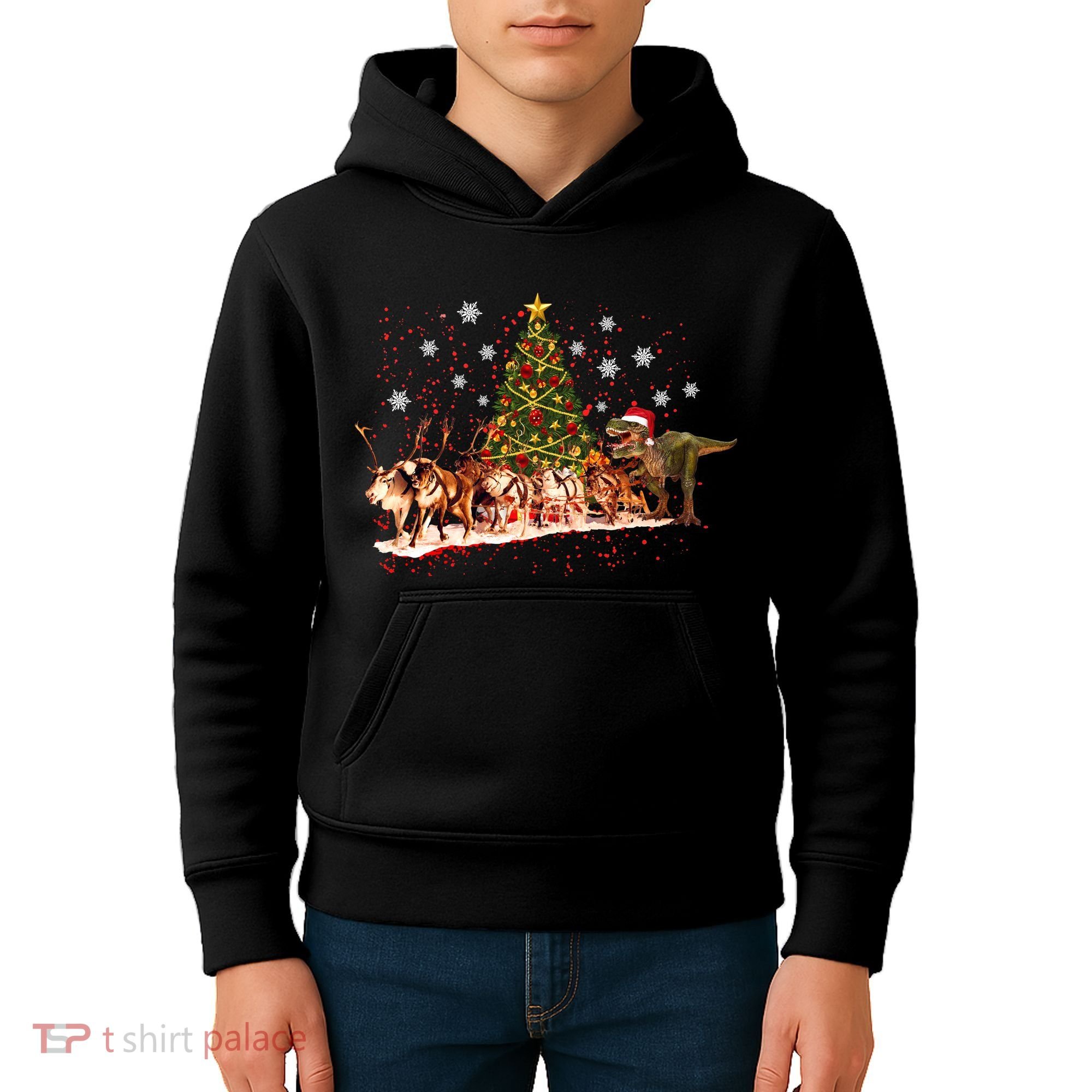 T-Rex Chasing Reindeer Funny Christmas Kids Hoodie