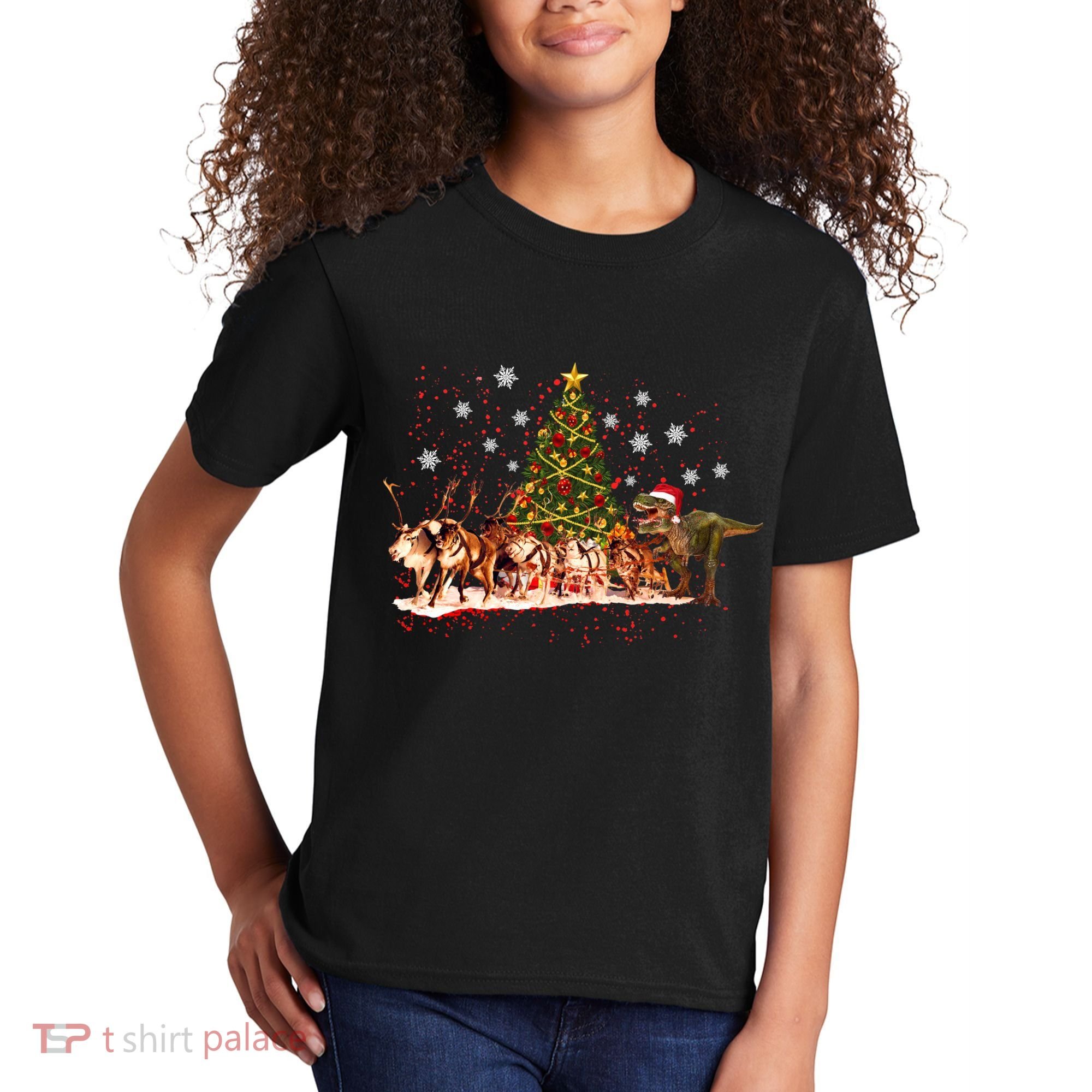 T-Rex Chasing Reindeer Funny Christmas Kids T-Shirt