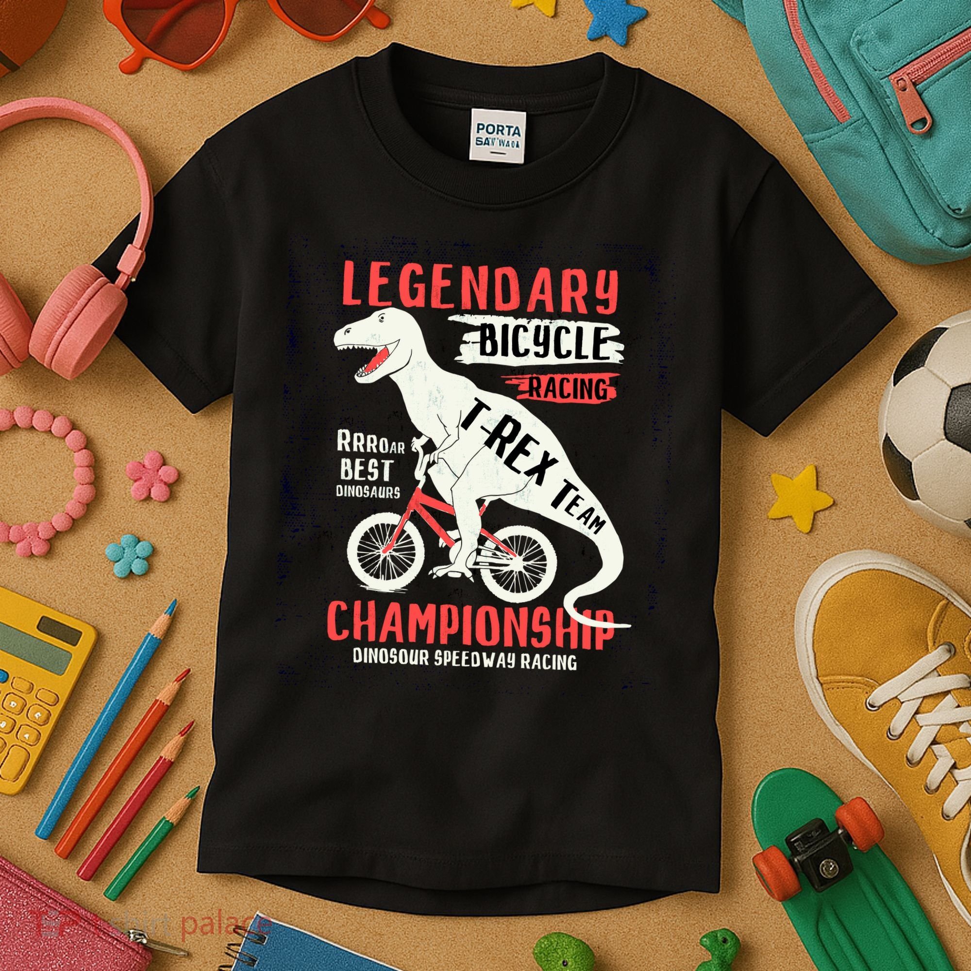 T-Rex Funny Bicycle Racing Kids T-Shirt