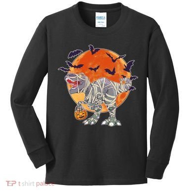 T-Rex Mummy Attack Spooky Halloween Kids Long Sleeve Shirt