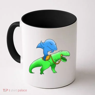 T-Rex Riding A Shark Coffee Mug