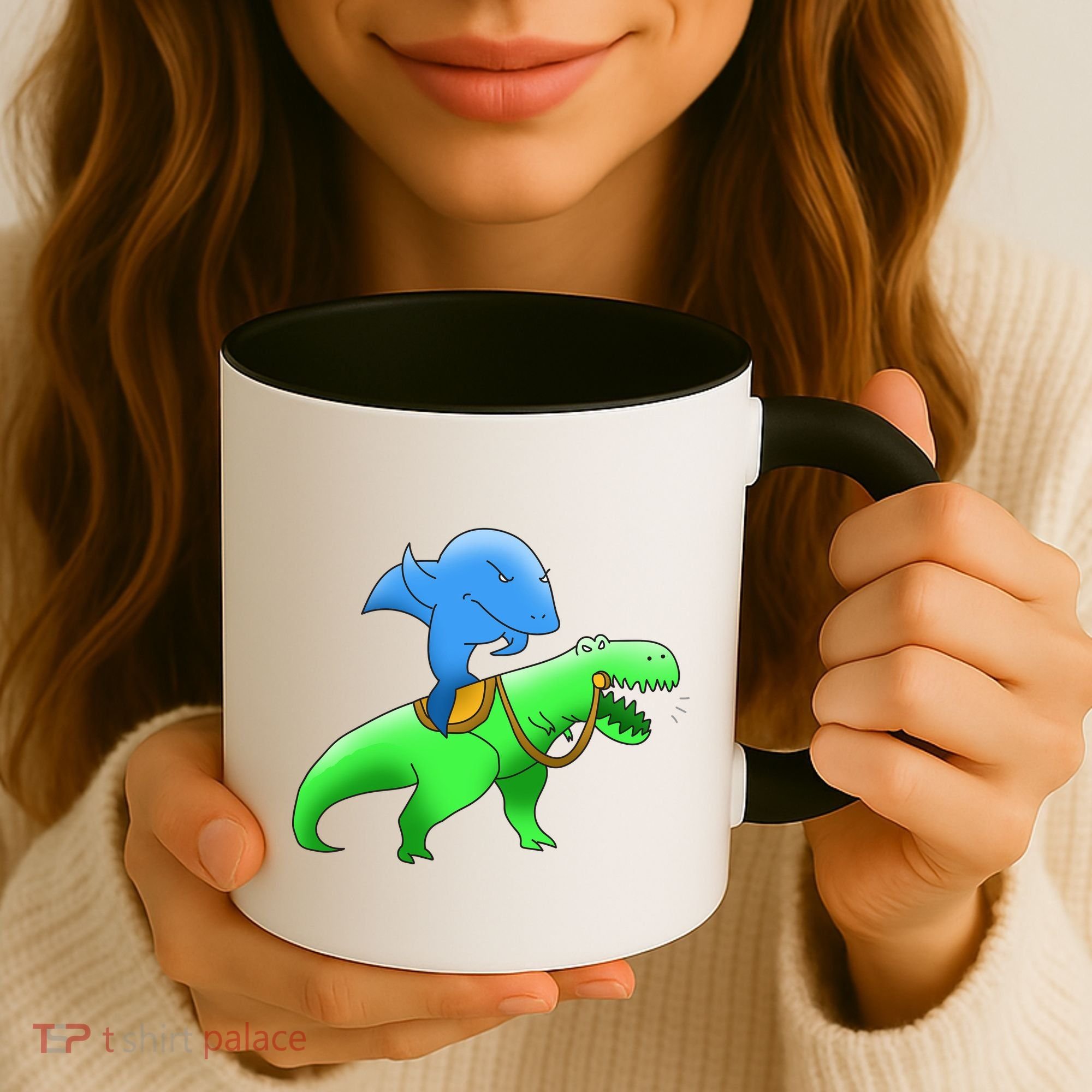 T-Rex Riding A Shark Coffee Mug