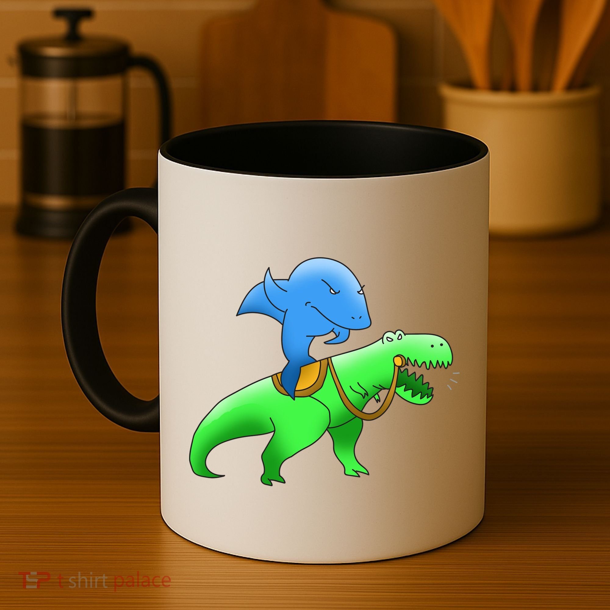 T-Rex Riding A Shark Coffee Mug