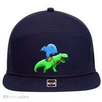 T-Rex Riding A Shark 7 Panel Mesh Trucker Snapback Hat thumb 0