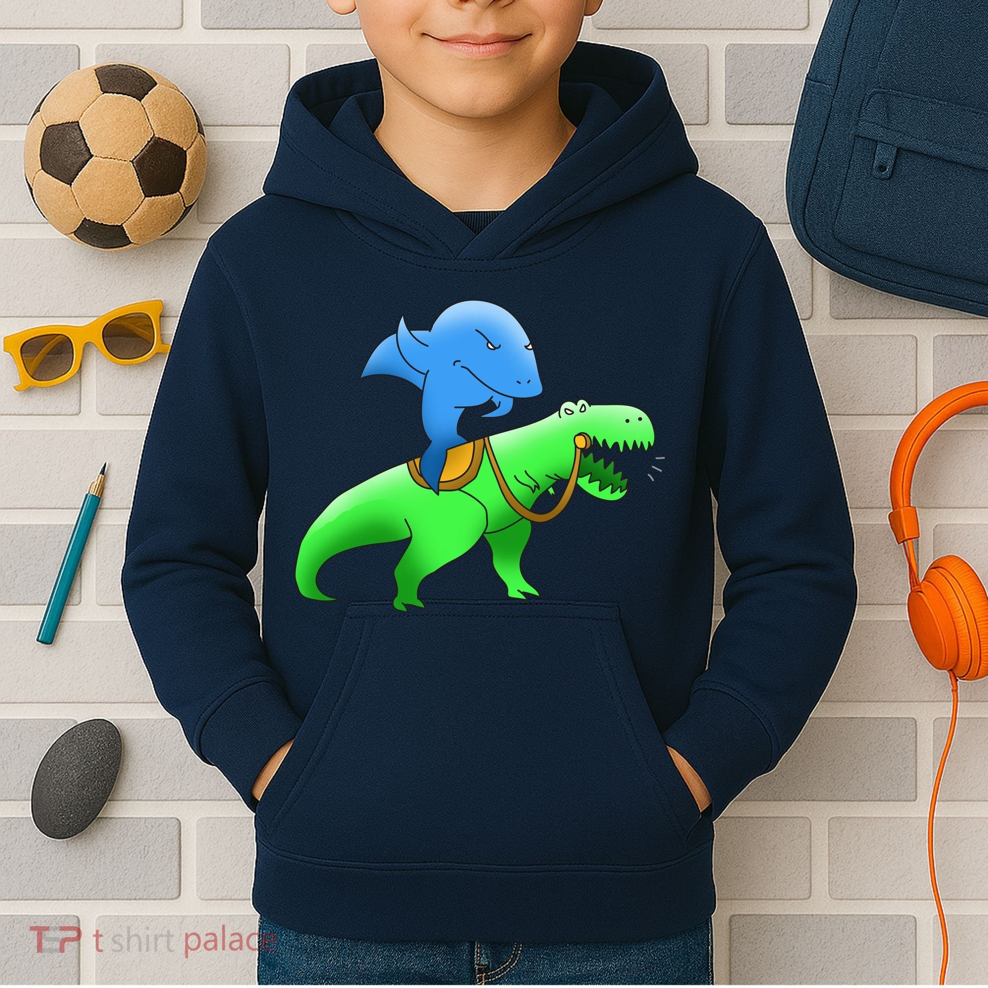T-Rex Riding A Shark Kids Hoodie