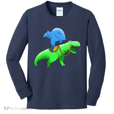 T-Rex Riding A Shark Kids Long Sleeve Shirt