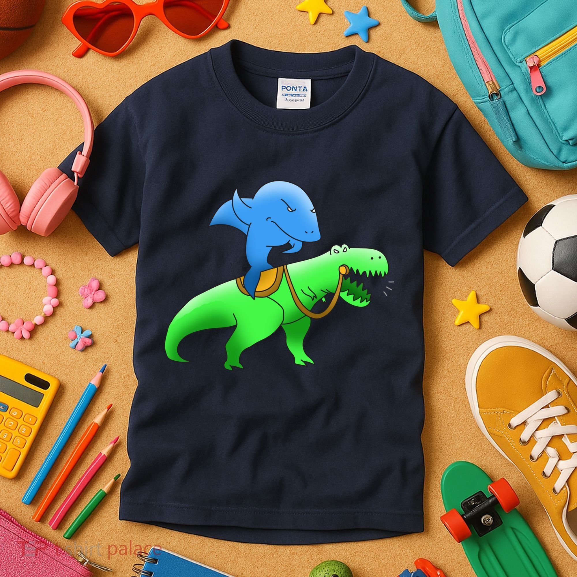T-Rex Riding A Shark Kids T-Shirt