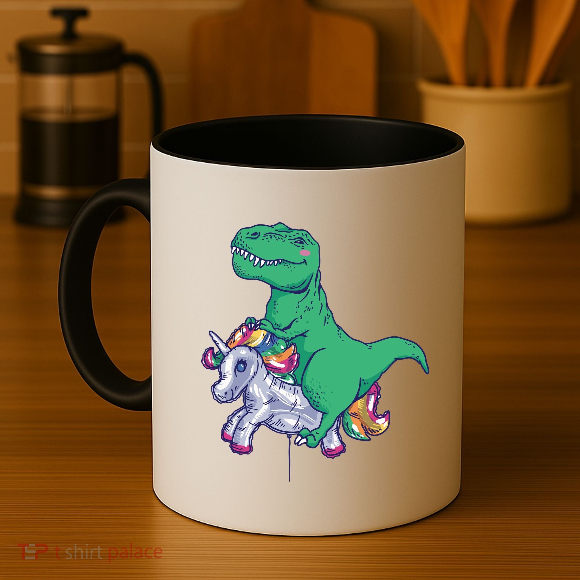 T-Rex Riding Unicorn Coffee Mug