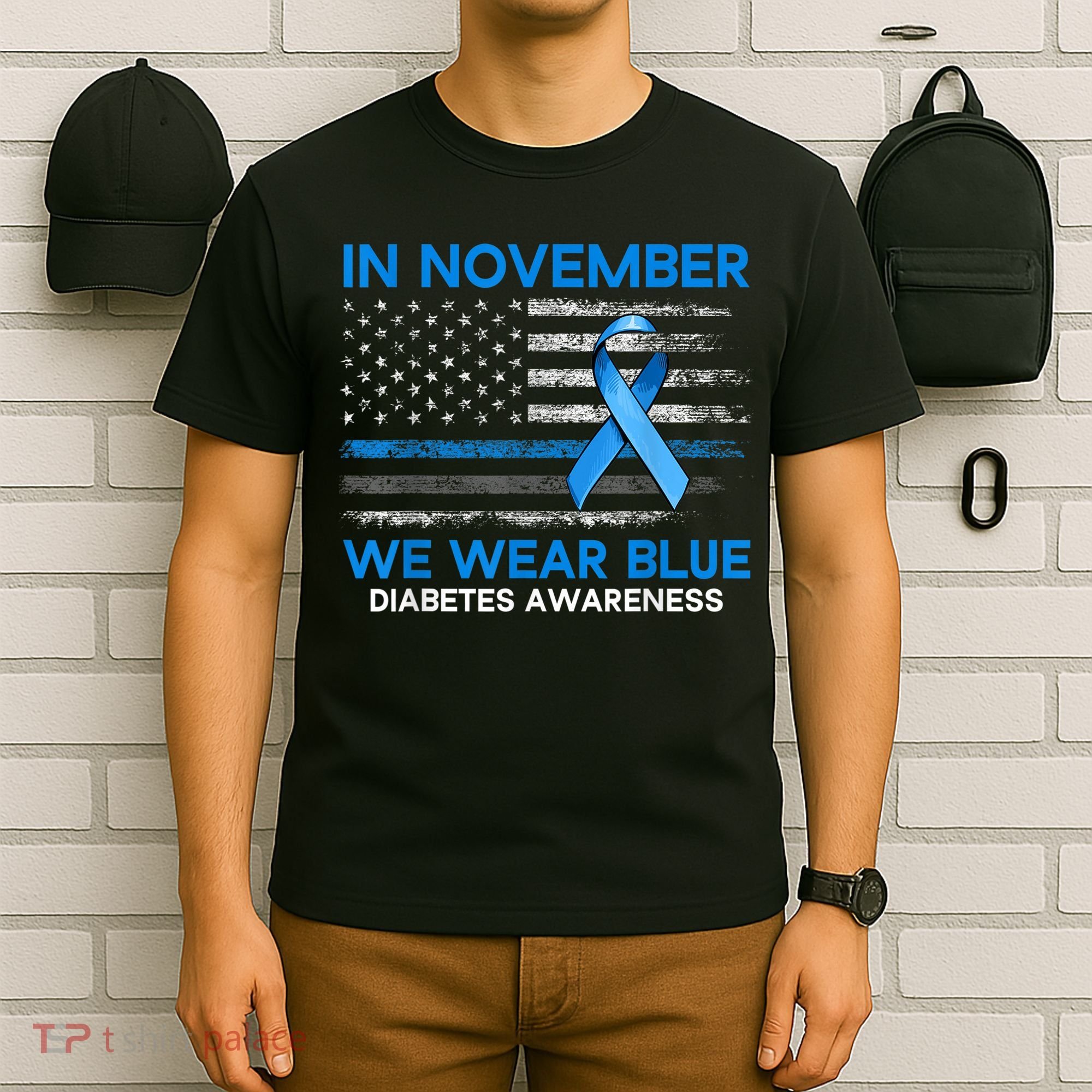 Type 1 Diabetes Awareness American US Flag Blue Ribbon Gifts T-Shirt