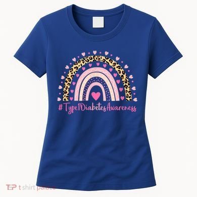 Type 1 Diabetes Awareness Pink Heart Leopard Rainbow Type 1 Funny Gift Women's T-Shirt