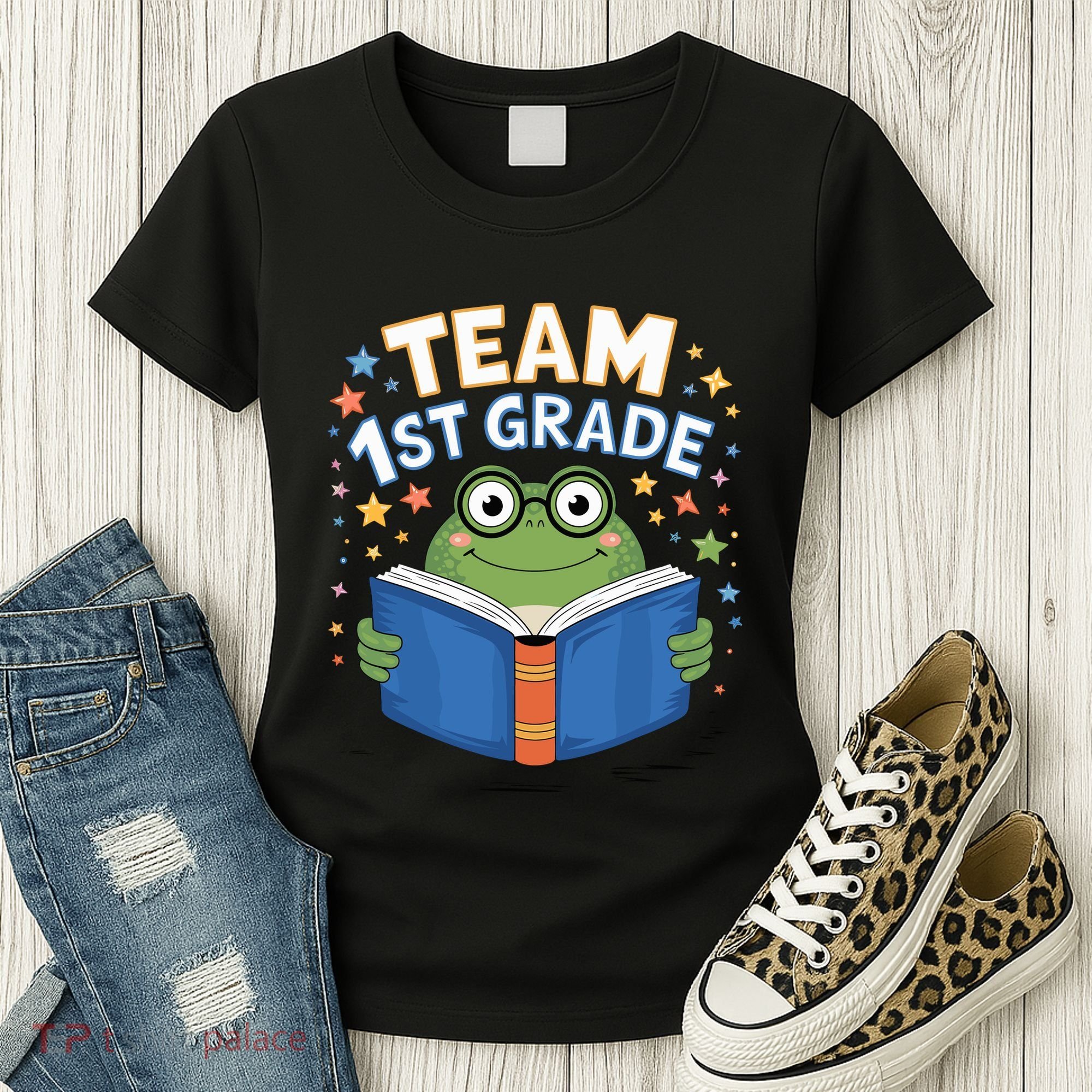 Team 1st Grade Frog Reading Book Stars Book Lover School Women's T-Shirt