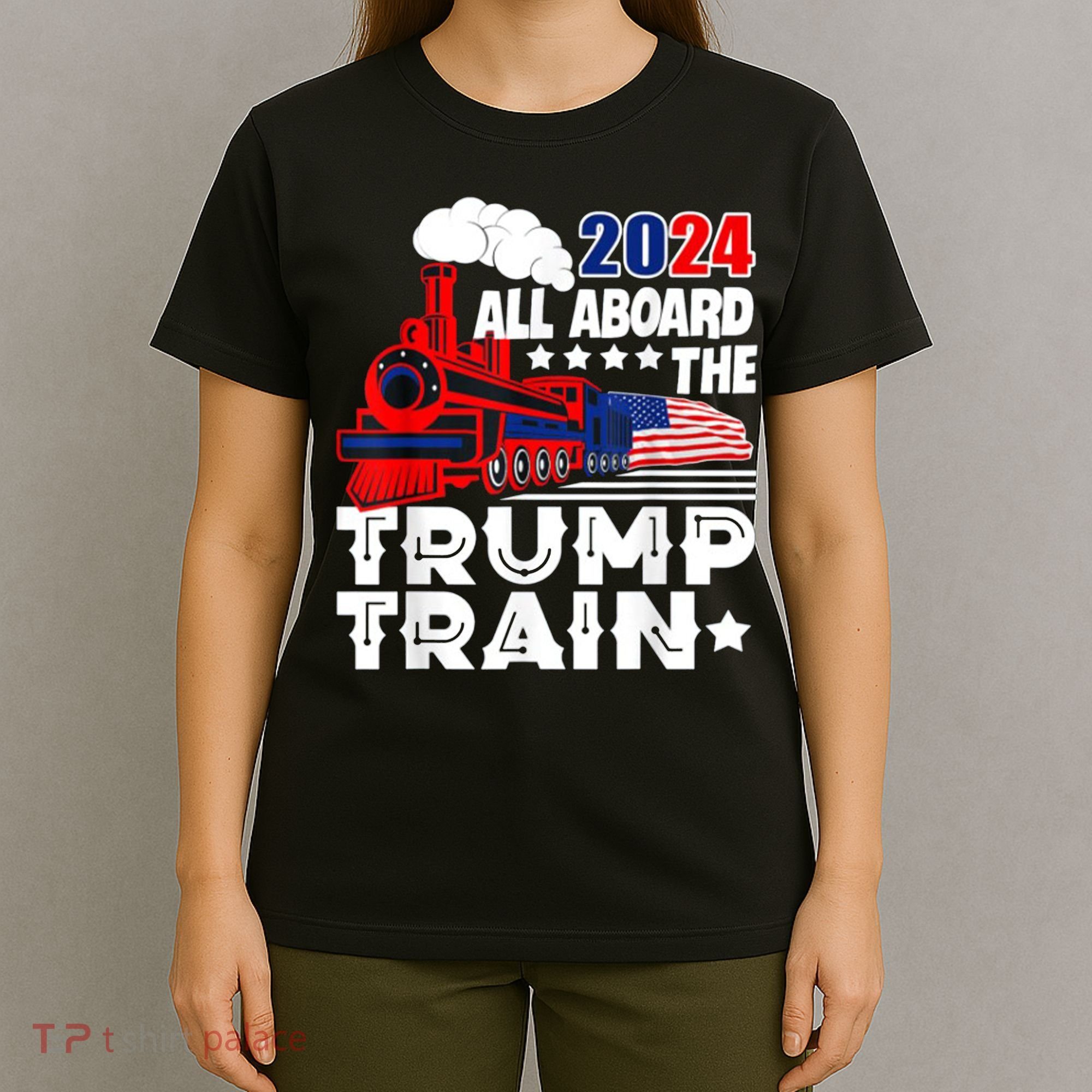 Trump 2024 All Aboard The Trump Train Usa American Flag T-Shirt