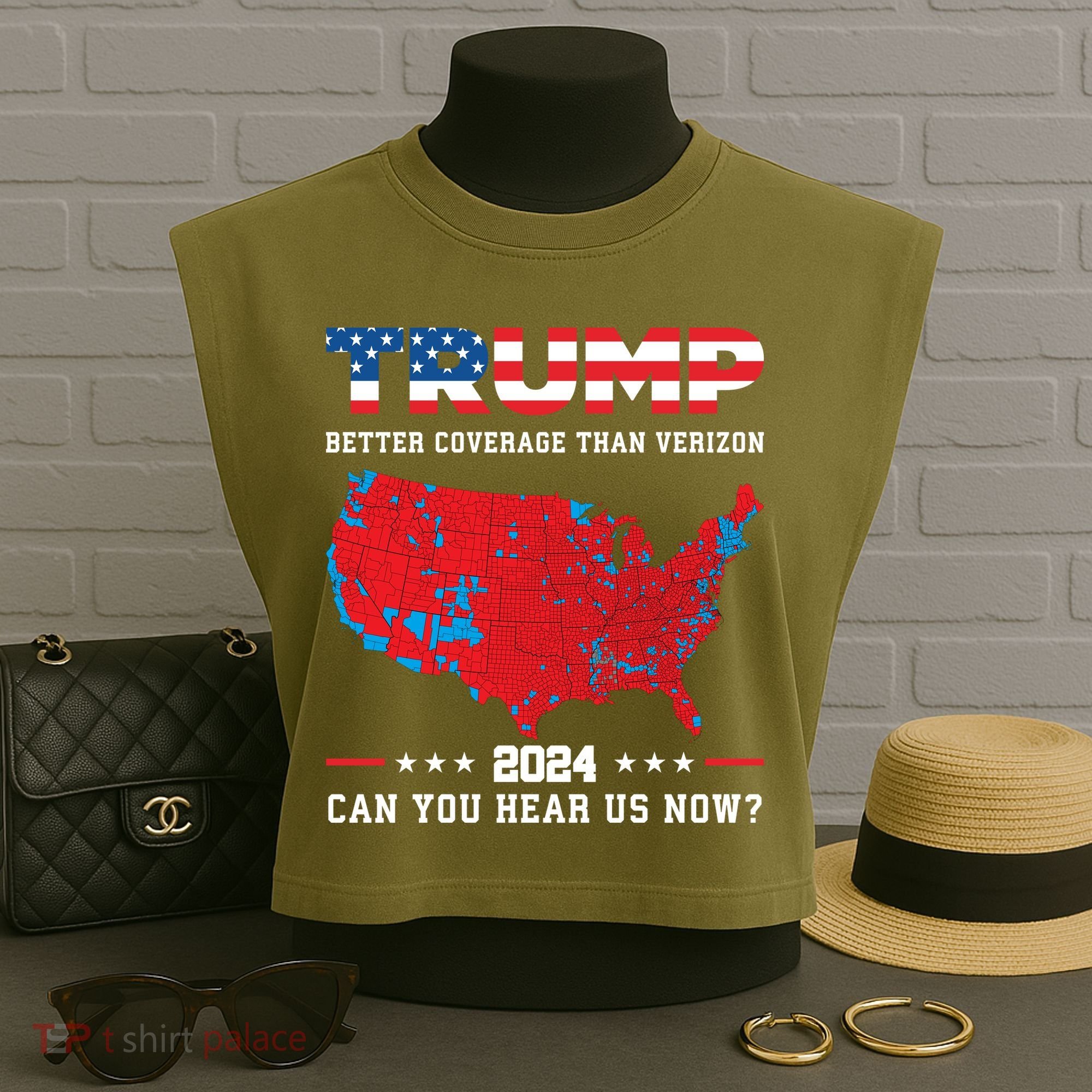Trump 2024 Better Coverage Than Verizon Can You Hear Us Now Garment-Dyed Women's Muscle Tee