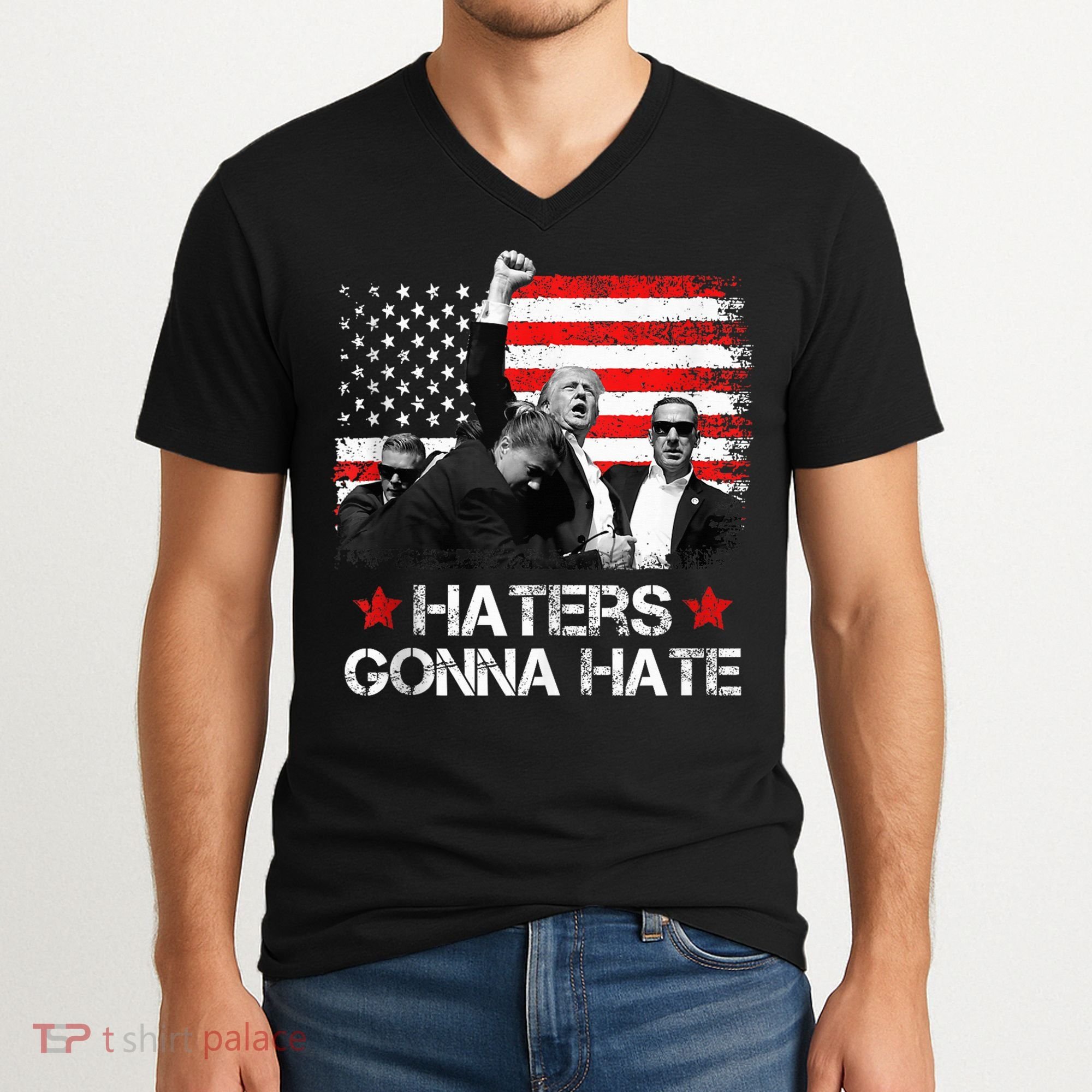 Trump 2024 Flag Haters Gonna Hate Pennsylvania Rally Trump V-Neck T-Shirt