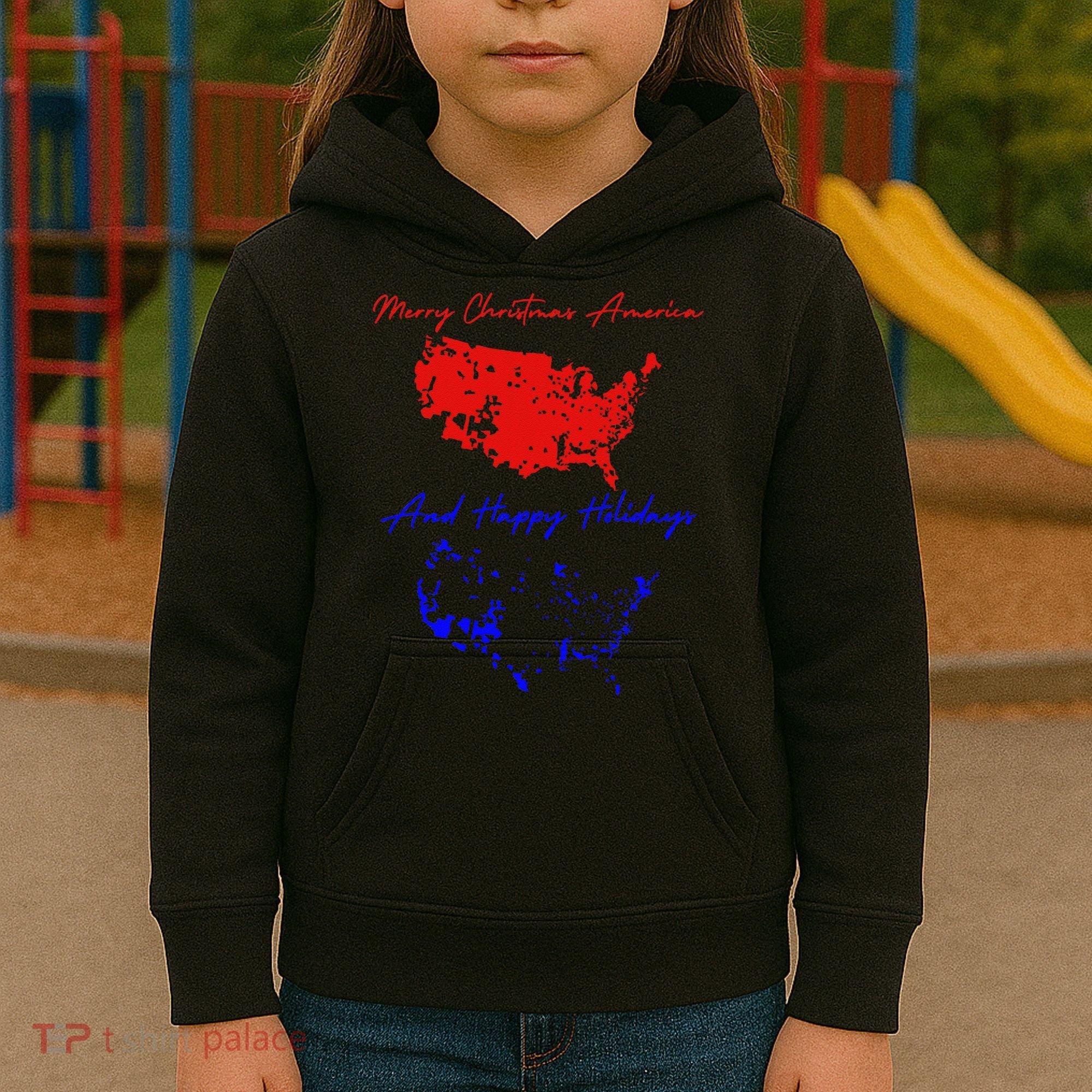 Trump 2024 Usa Map Happy Holidays Merry Christmas Kids Hoodie
