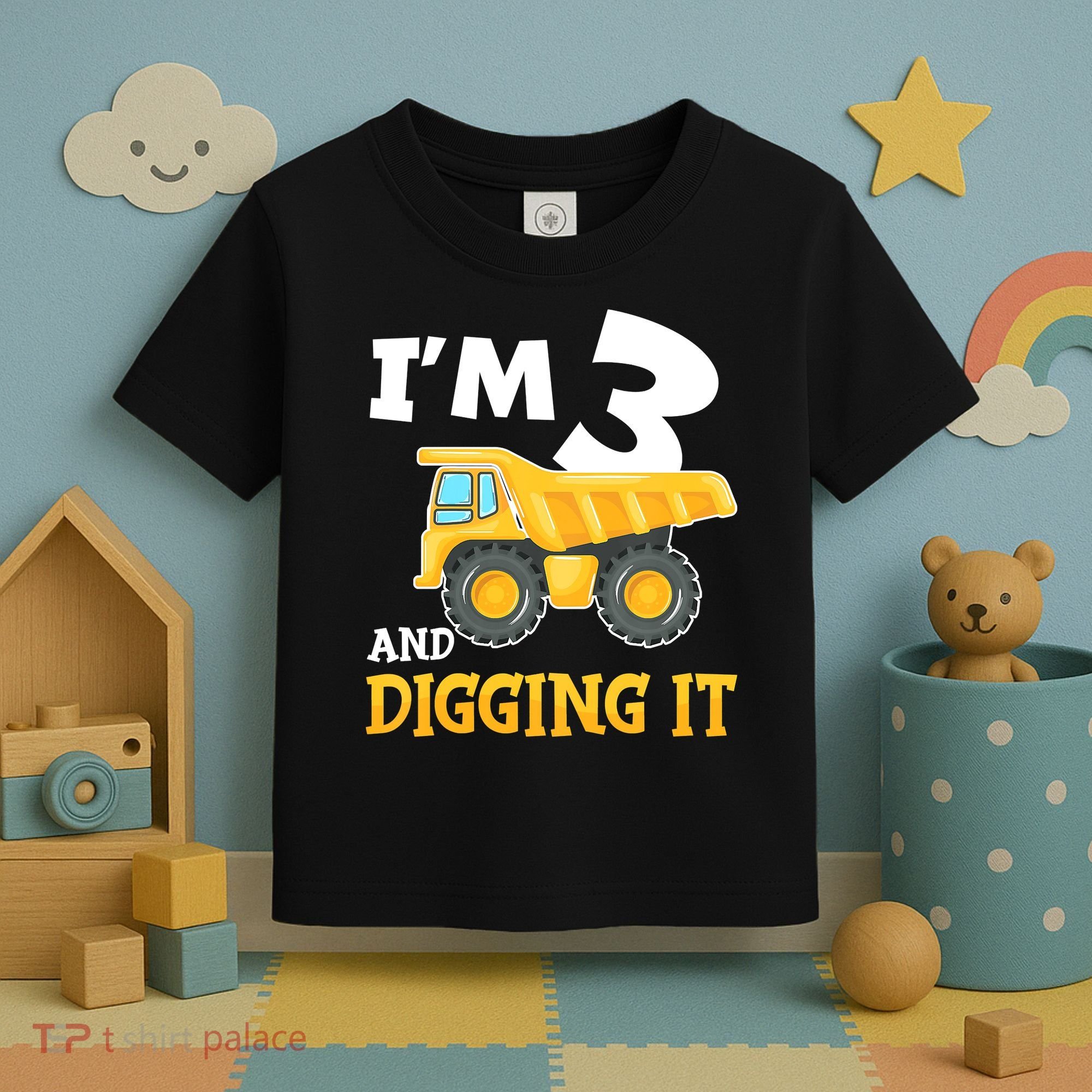 Three 3yr 3th Birthday Construction Boy 3 Years Old Toddler T-Shirt