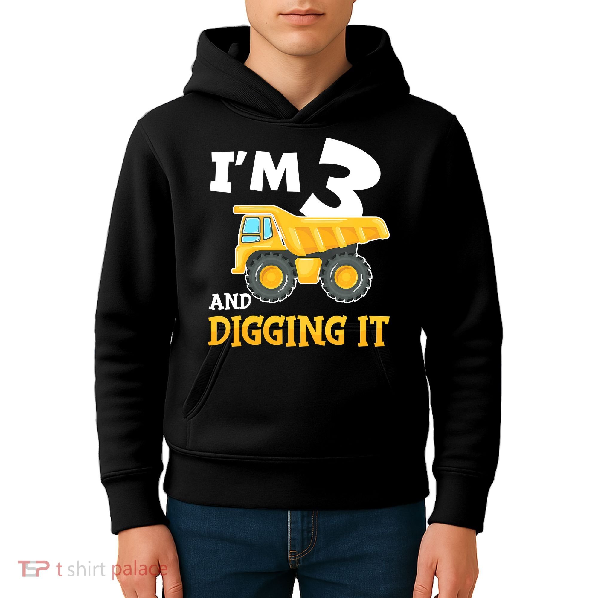 Three 3yr 3th Birthday Construction Boy 3 Years Old Kids Hoodie