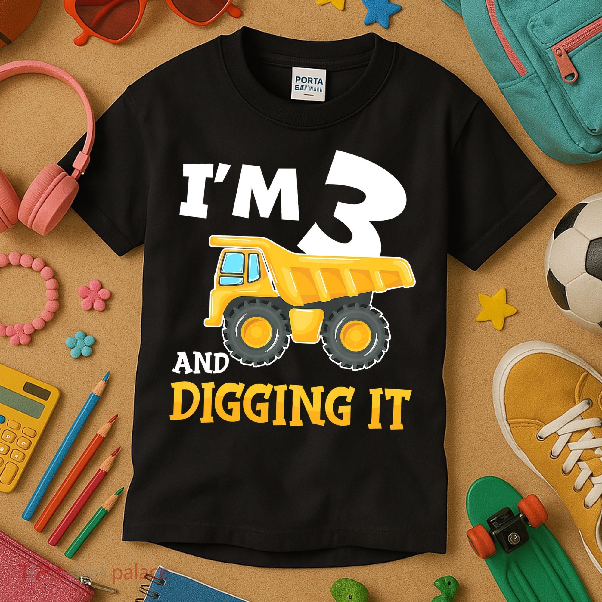 Three 3yr 3th Birthday Construction Boy 3 Years Old Kids T-Shirt