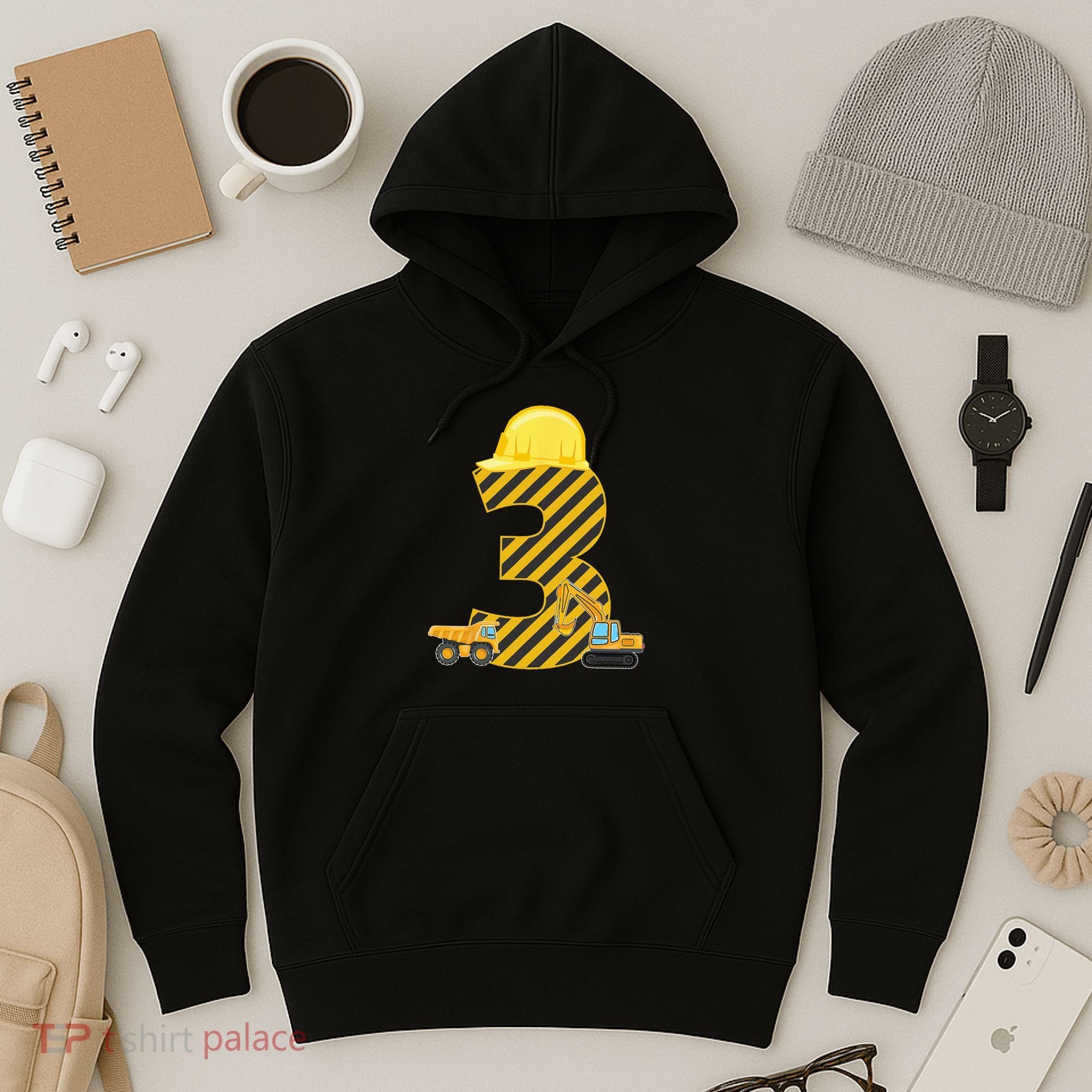 Three 3yr 3rd Birthday Construction Outfit 3 Years Old Hoodie