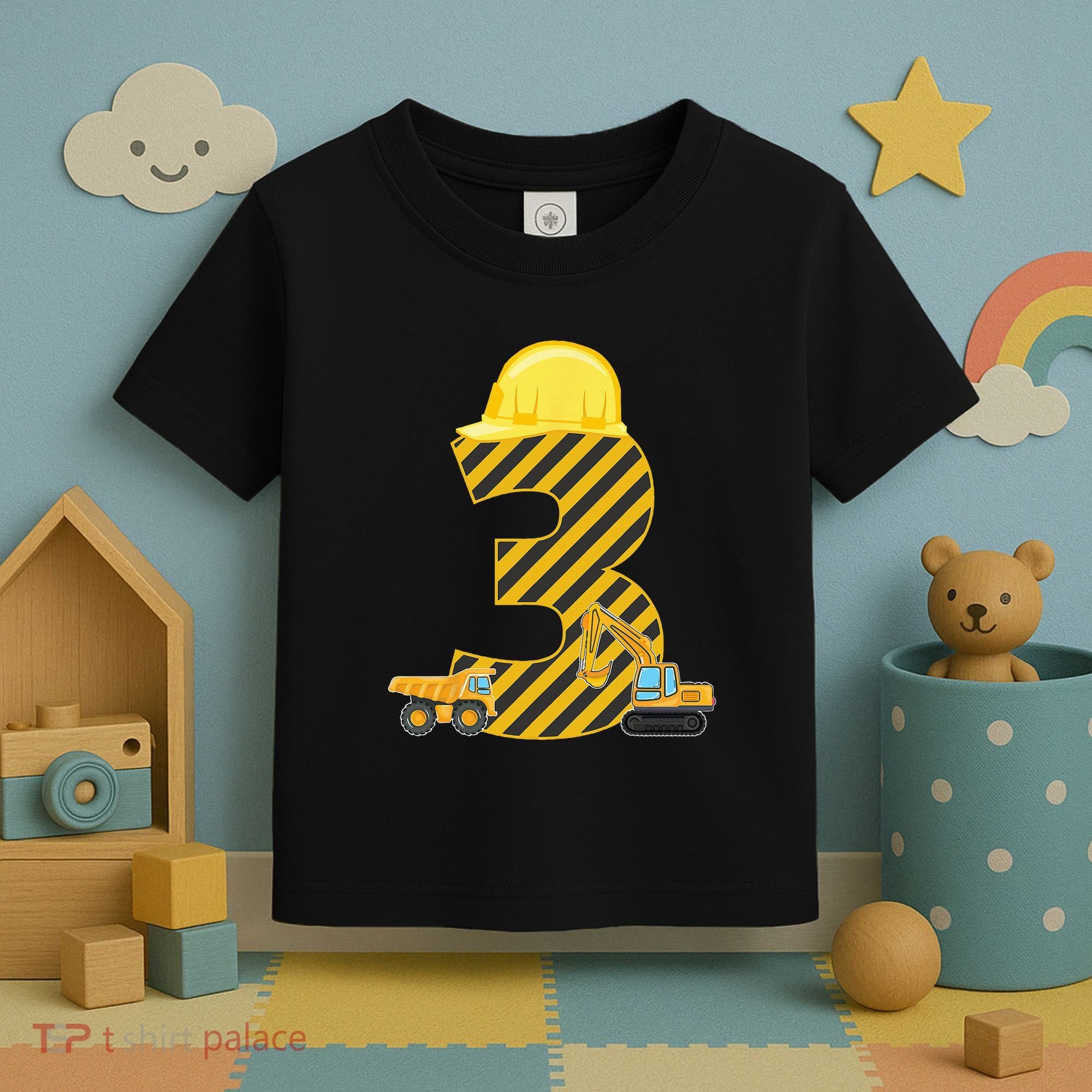 Three 3yr 3rd Birthday Construction Outfit 3 Years Old Toddler T-Shirt