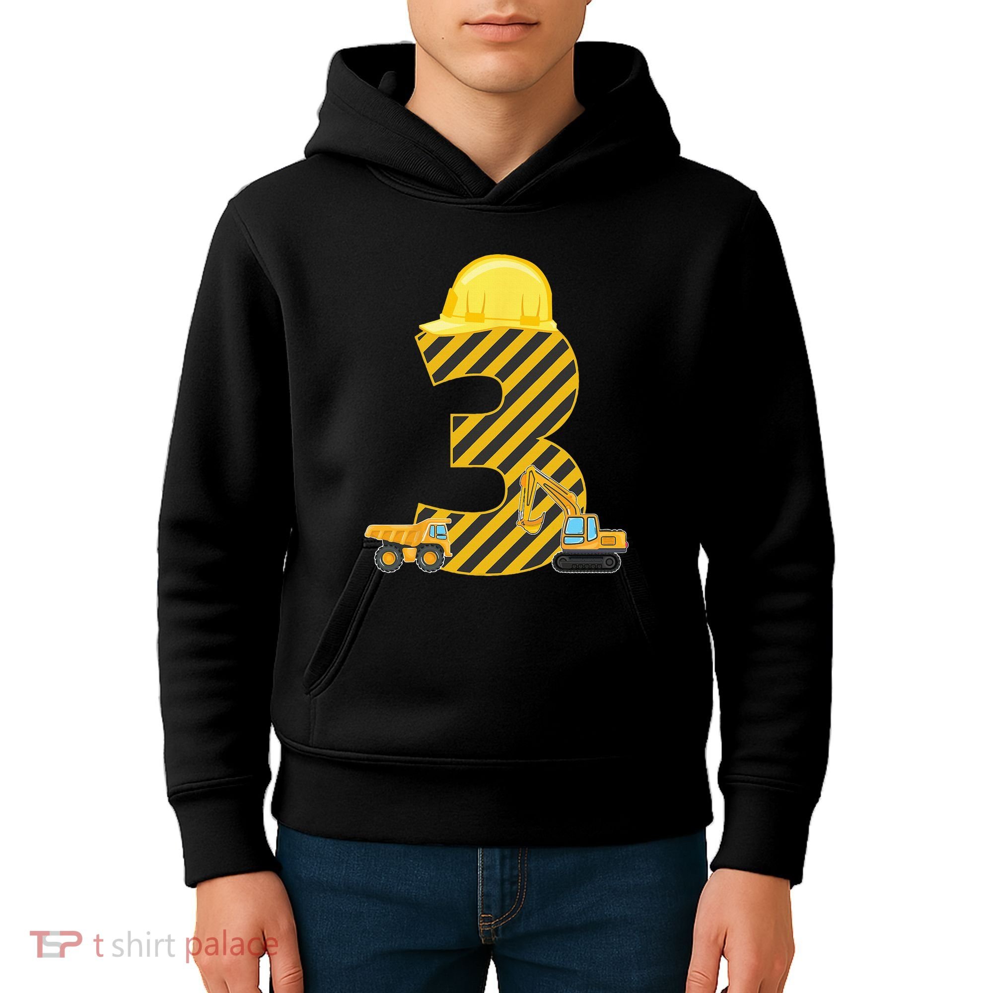 Three 3yr 3rd Birthday Construction Outfit 3 Years Old Kids Hoodie