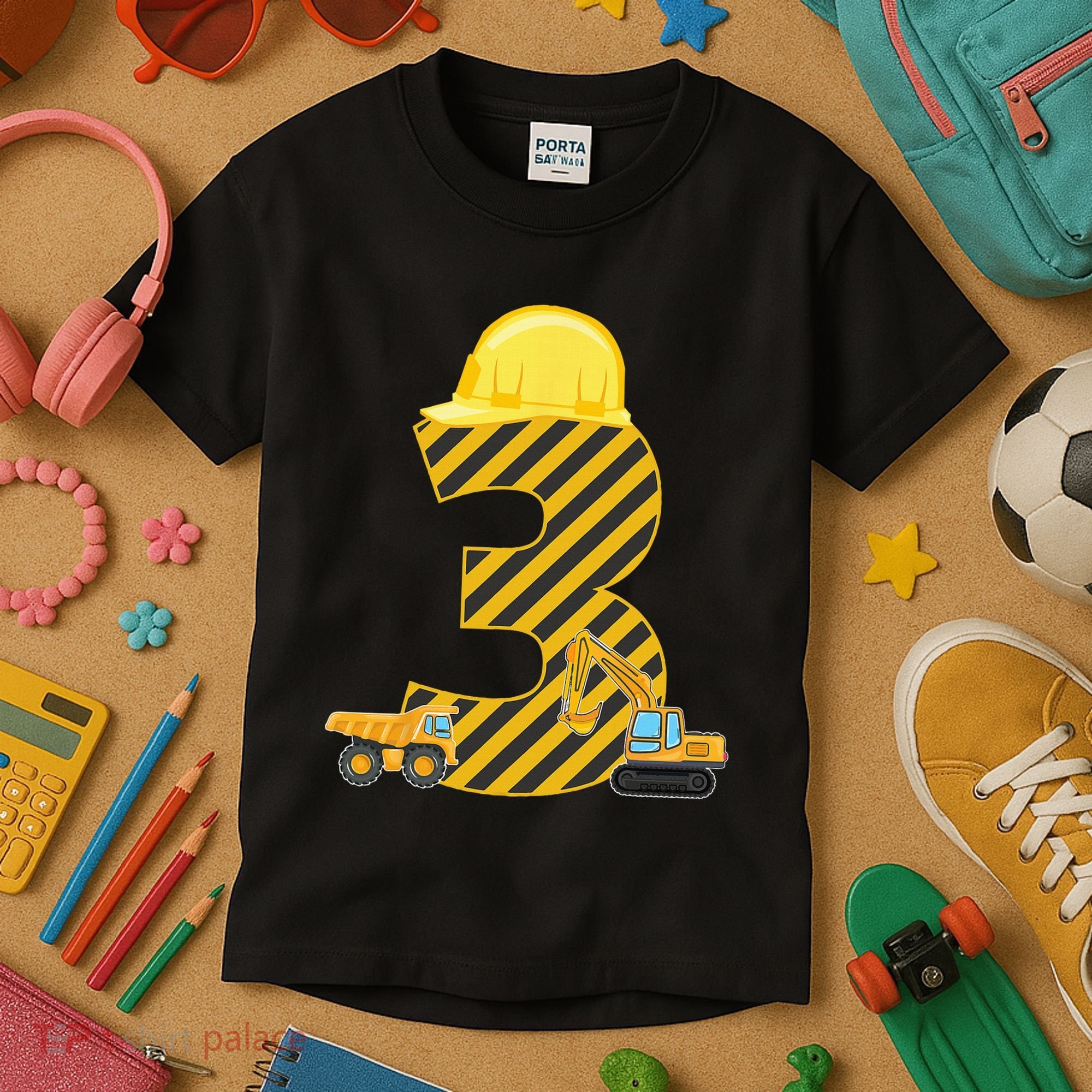 Three 3yr 3rd Birthday Construction Outfit 3 Years Old Kids T-Shirt