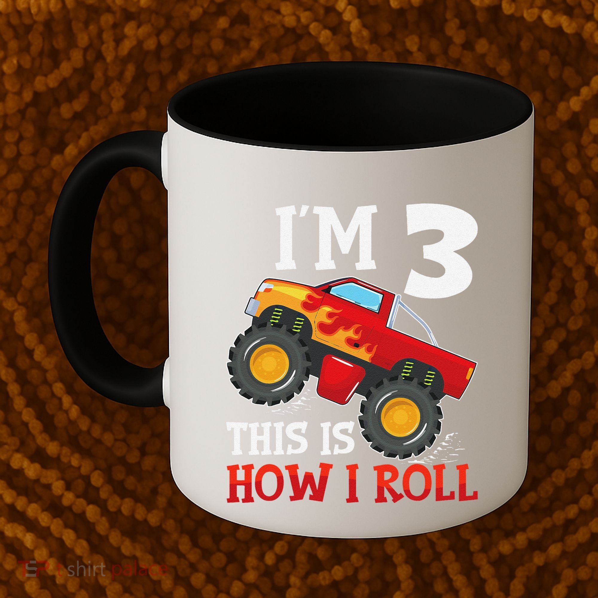 Three 3yr 3rd Birthday Monster Truck Boy 3 Years Old Gift Coffee Mug
