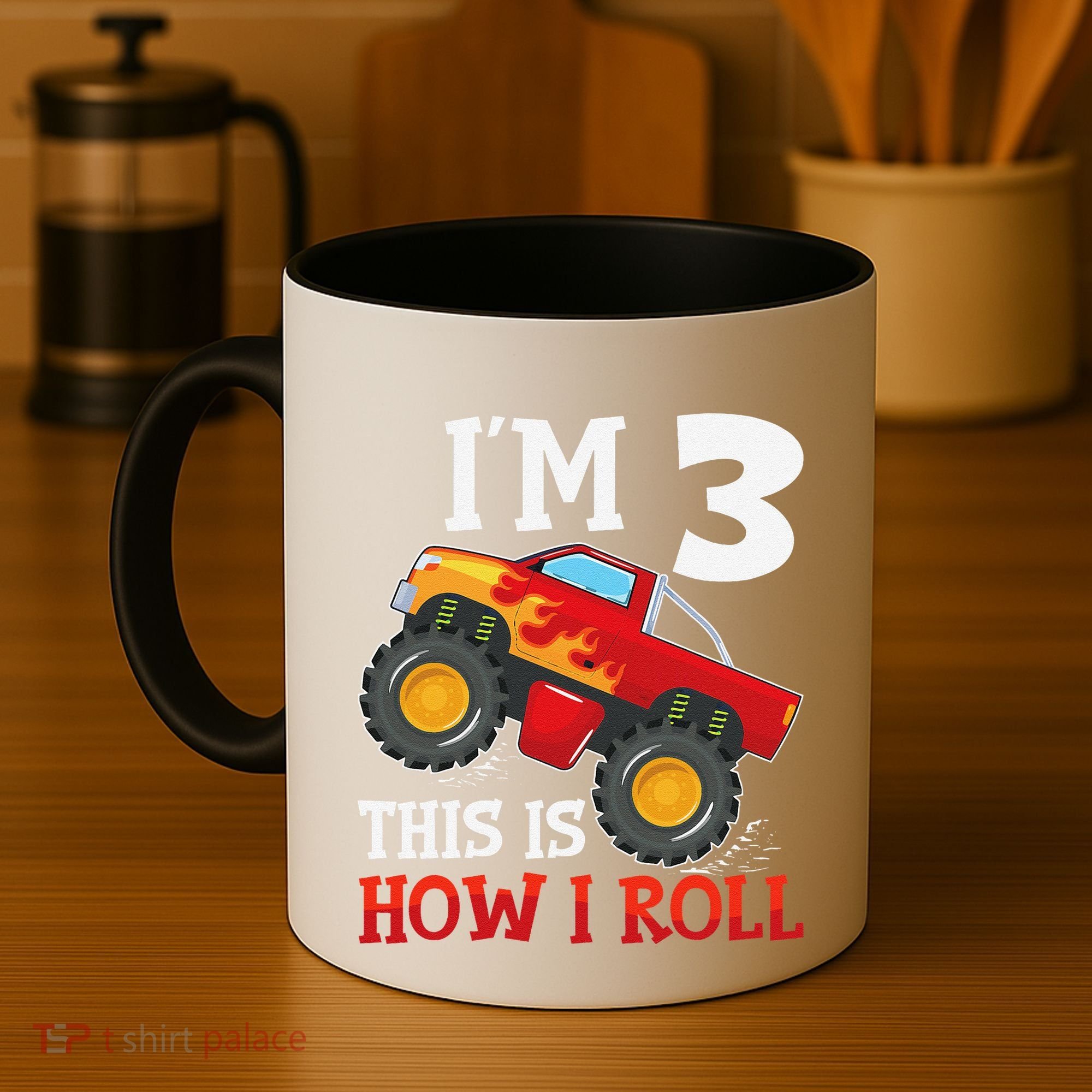 Three 3yr 3rd Birthday Monster Truck Boy 3 Years Old Gift Coffee Mug