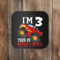 Three 3yr 3rd Birthday Monster Truck Boy 3 Years Old Gift Coaster thumb 0
