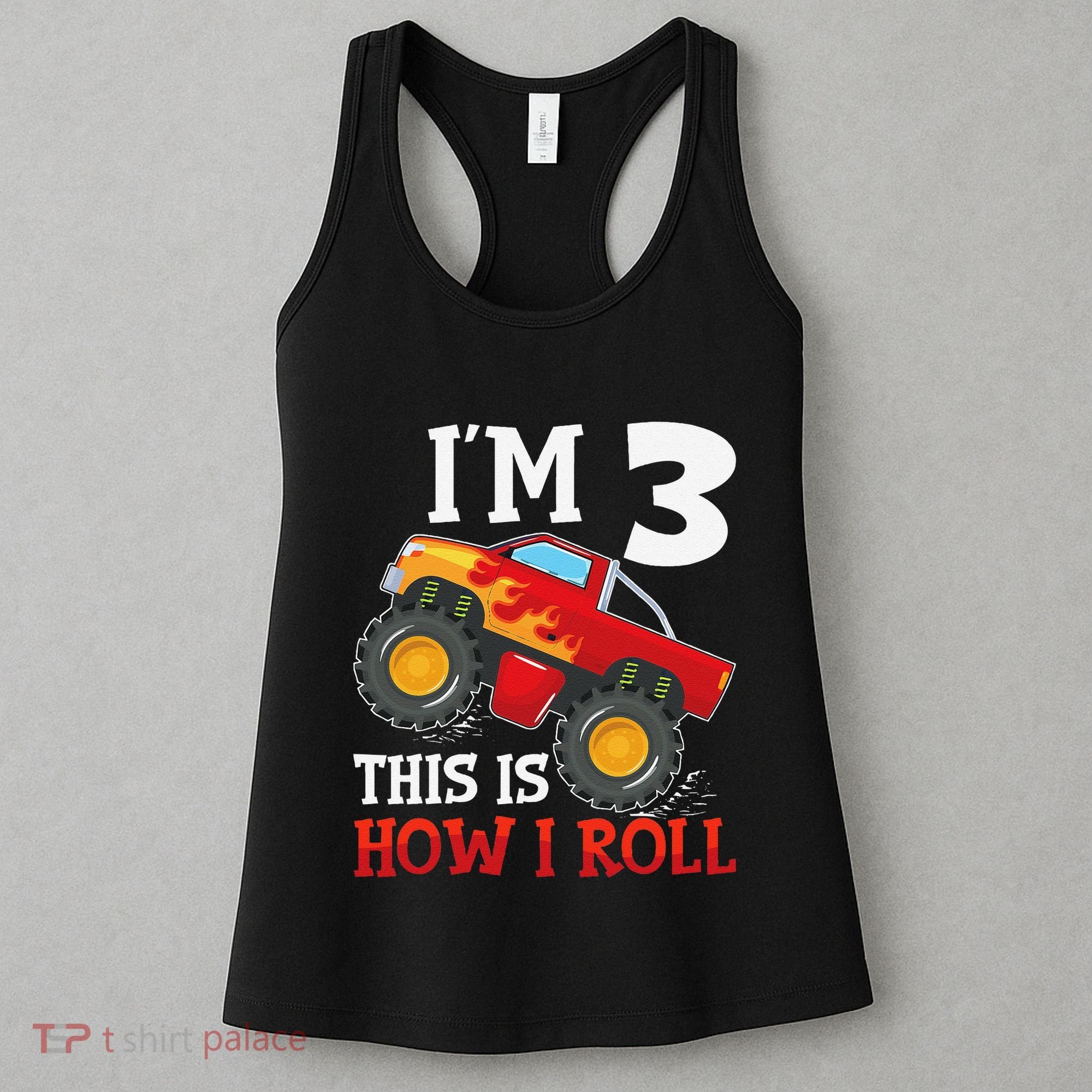 Three 3yr 3rd Birthday Monster Truck Boy 3 Years Old Gift Women's Tank Top