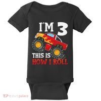 Three 3yr 3rd Birthday Monster Truck Boy 3 Years Old Gift Baby Bodysuit thumb 0