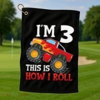 Three 3yr 3rd Birthday Monster Truck Boy 3 Years Old Gift Golf Towel thumb 1