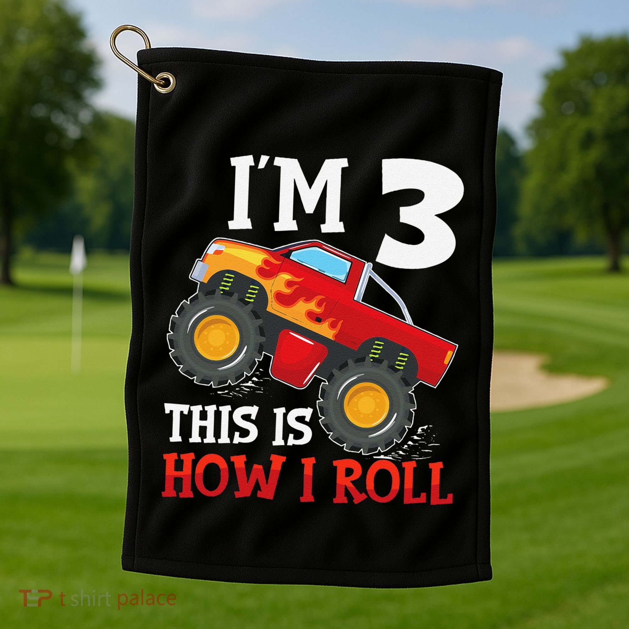 Three 3yr 3rd Birthday Monster Truck Boy 3 Years Old Gift Golf Towel