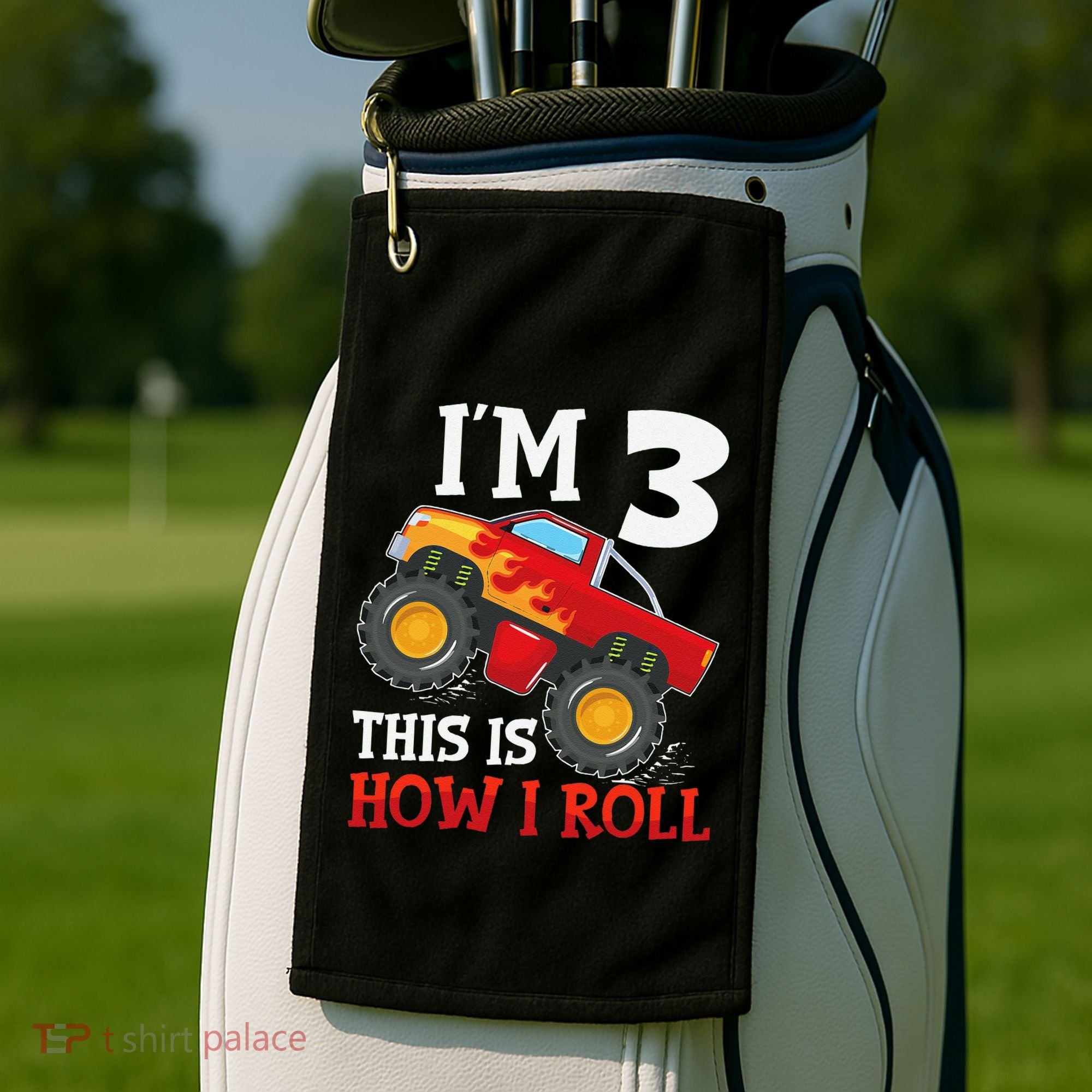 Three 3yr 3rd Birthday Monster Truck Boy 3 Years Old Gift Golf Towel