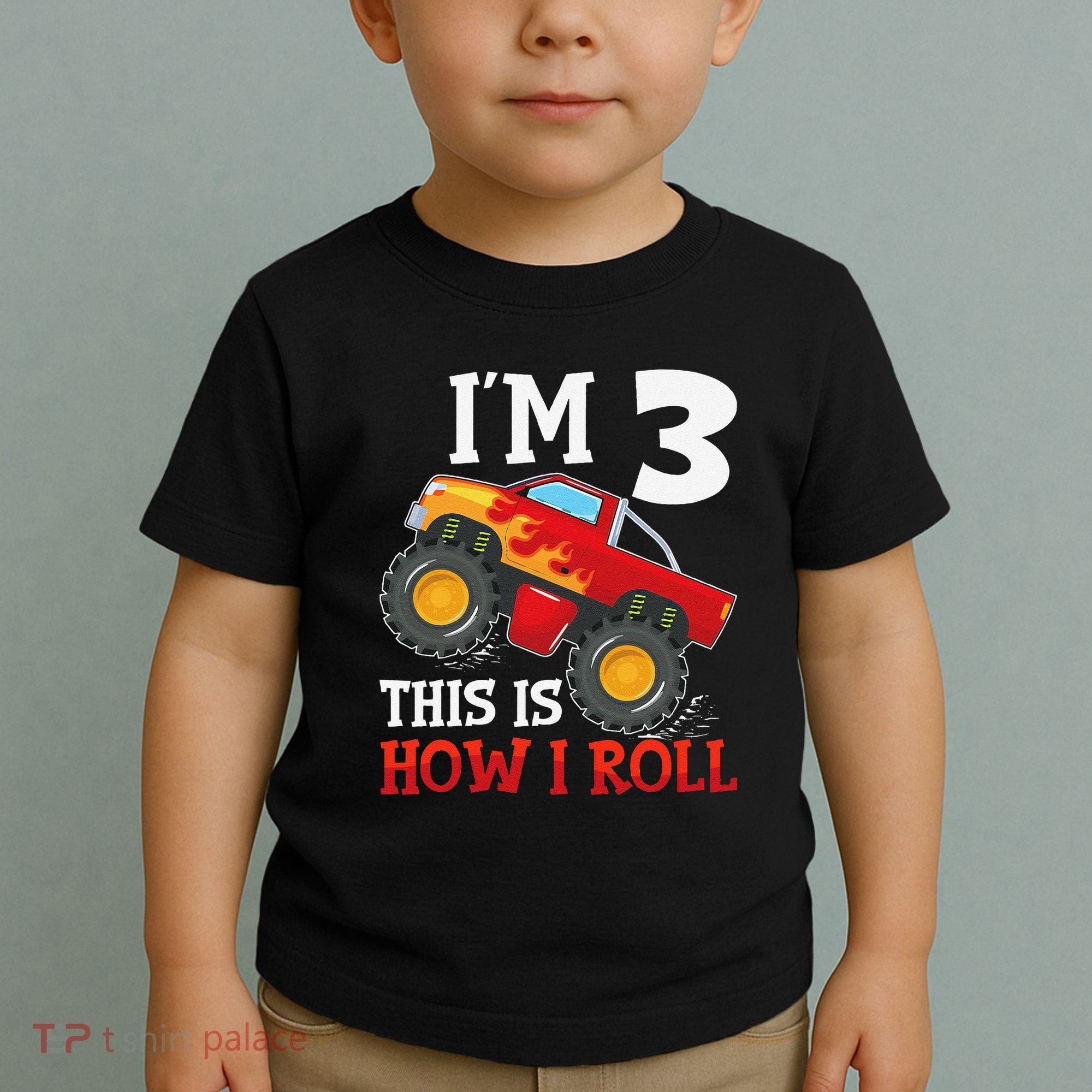 Three 3yr 3rd Birthday Monster Truck Boy 3 Years Old Gift Toddler T-Shirt