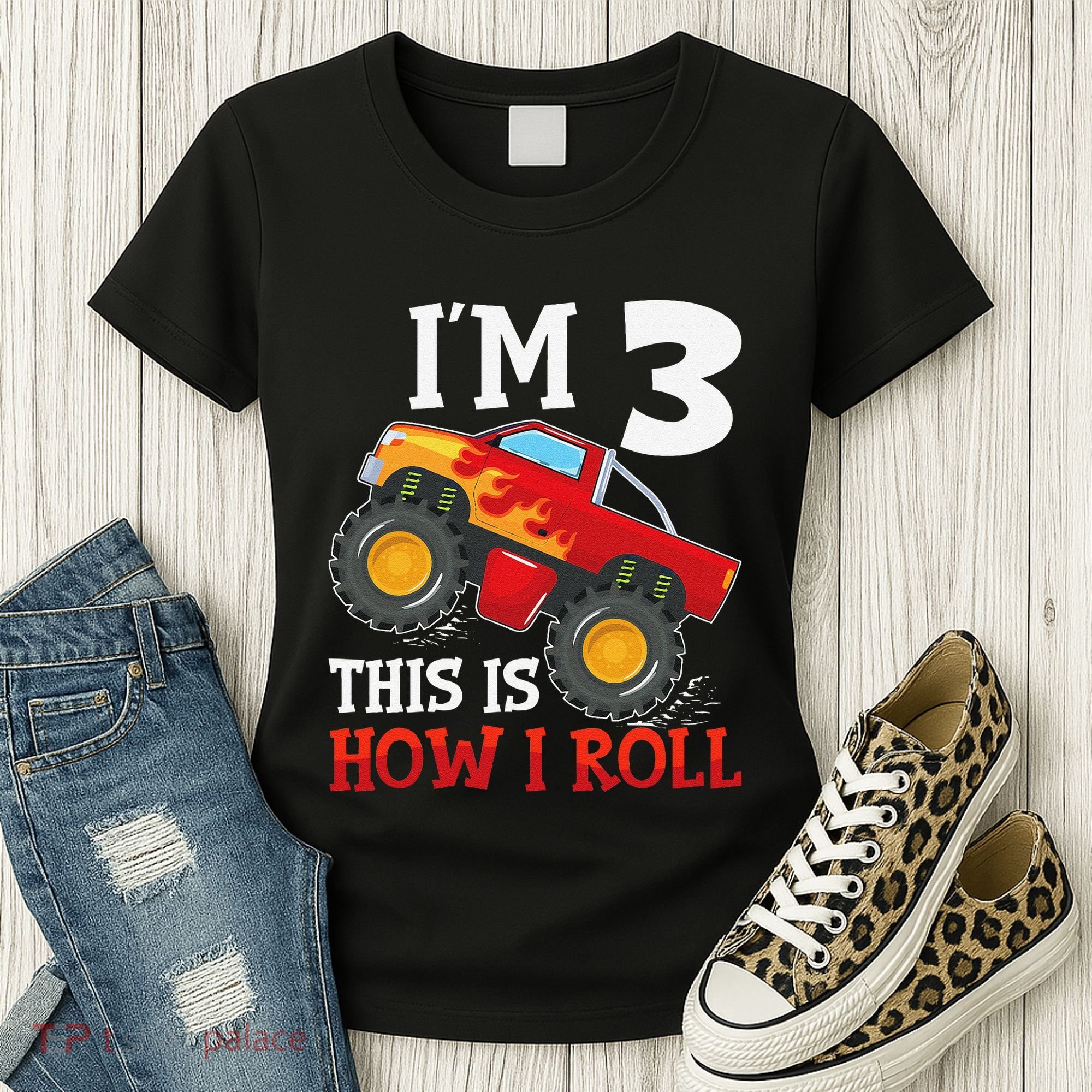 Three 3yr 3rd Birthday Monster Truck Boy 3 Years Old Gift Women's T-Shirt