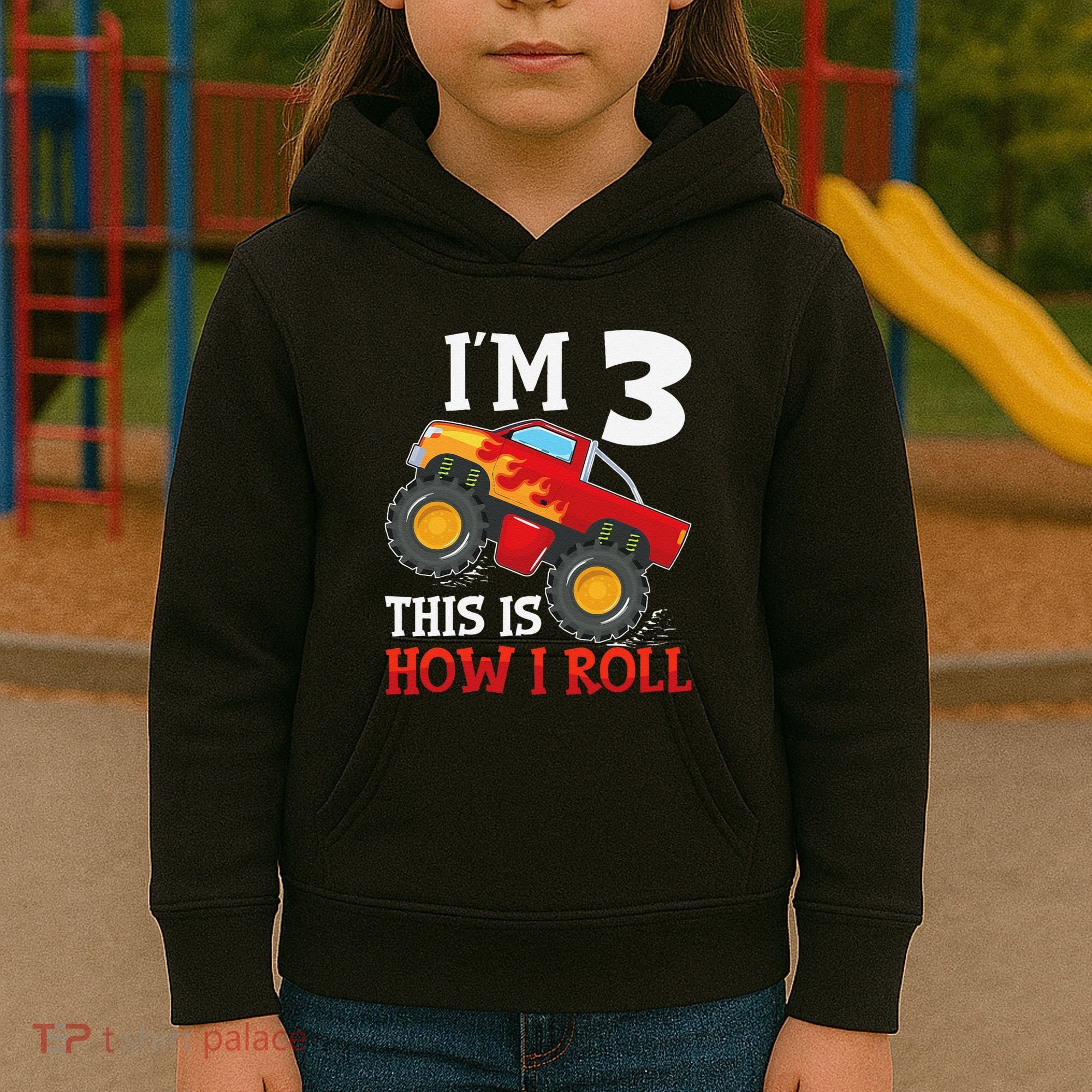 Three 3yr 3rd Birthday Monster Truck Boy 3 Years Old Gift Kids Hoodie