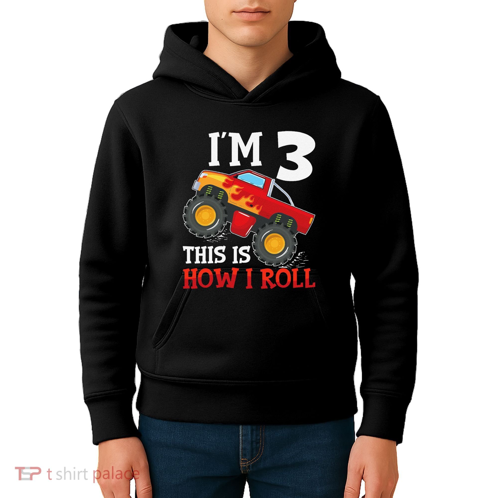 Three 3yr 3rd Birthday Monster Truck Boy 3 Years Old Gift Kids Hoodie