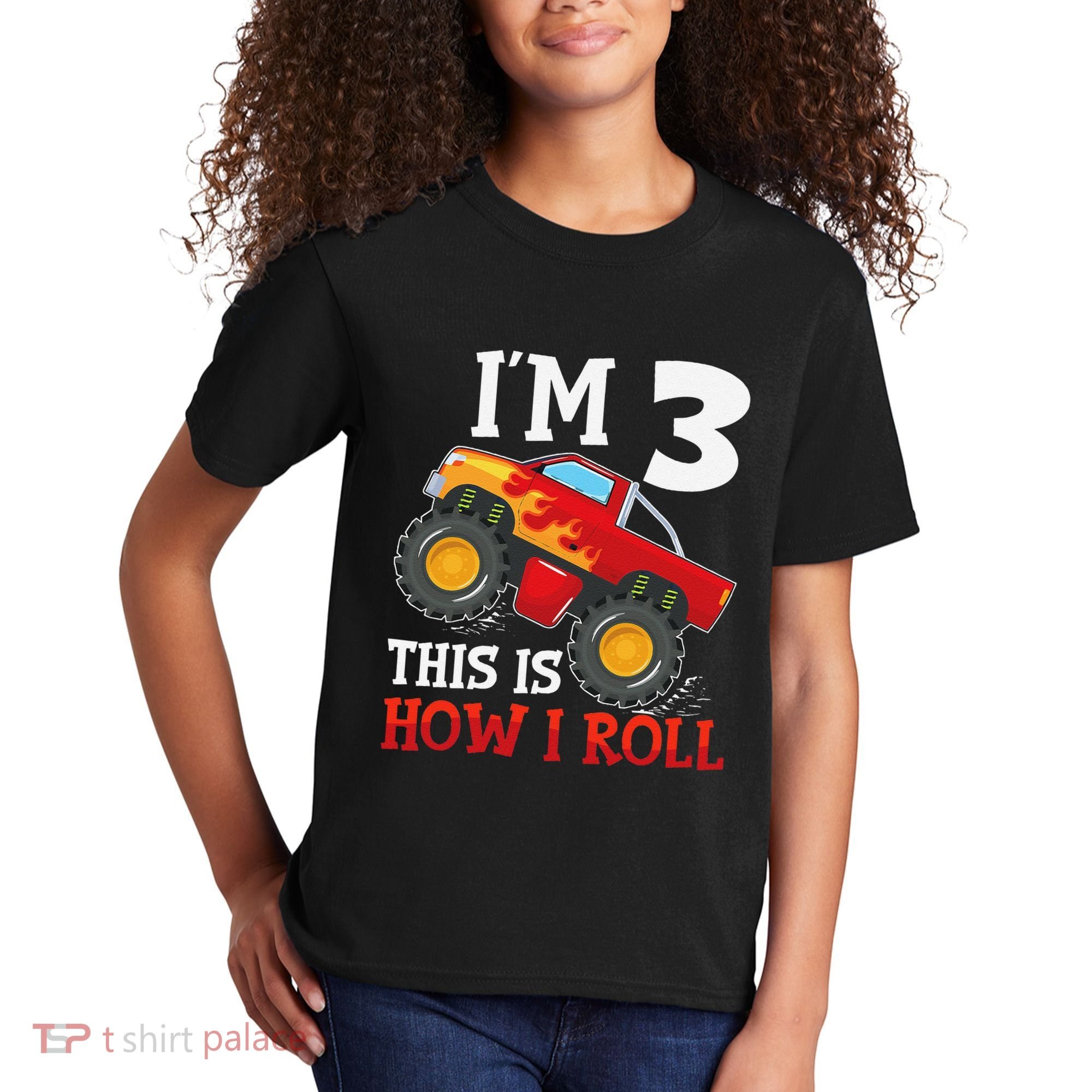 Three 3yr 3rd Birthday Monster Truck Boy 3 Years Old Gift Kids T-Shirt