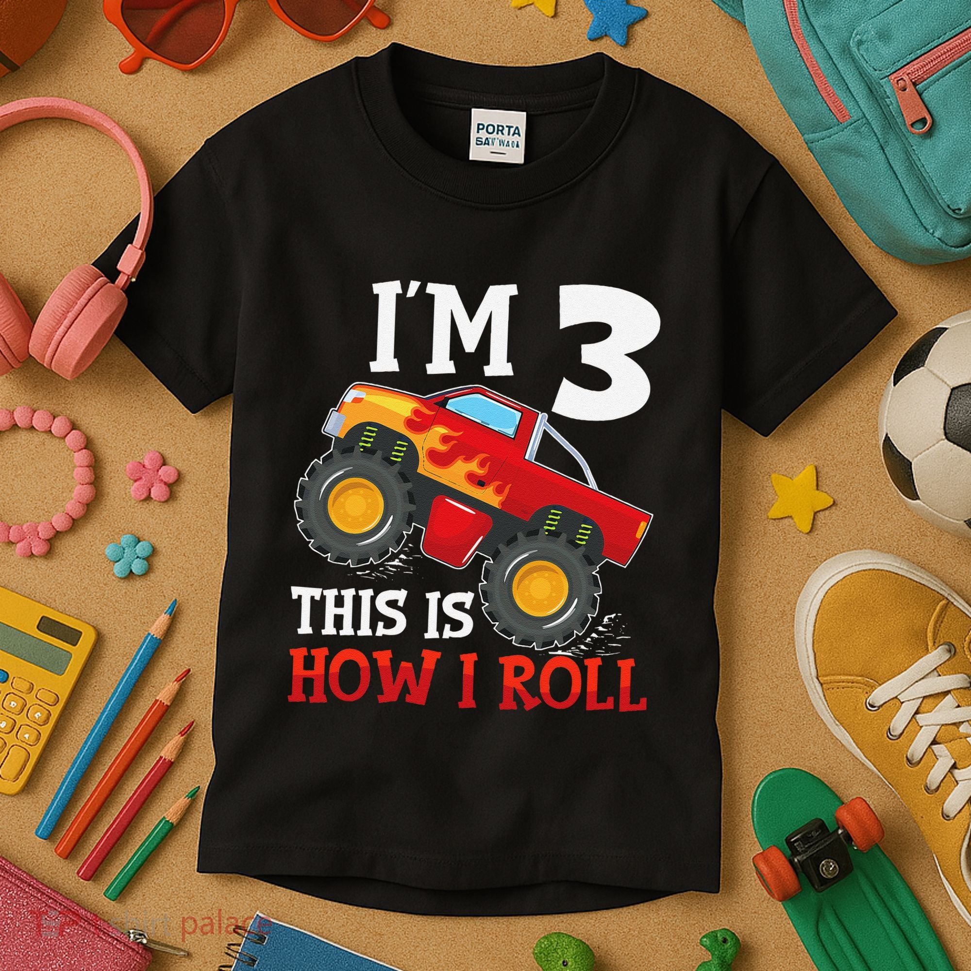 Three 3yr 3rd Birthday Monster Truck Boy 3 Years Old Gift Kids T-Shirt